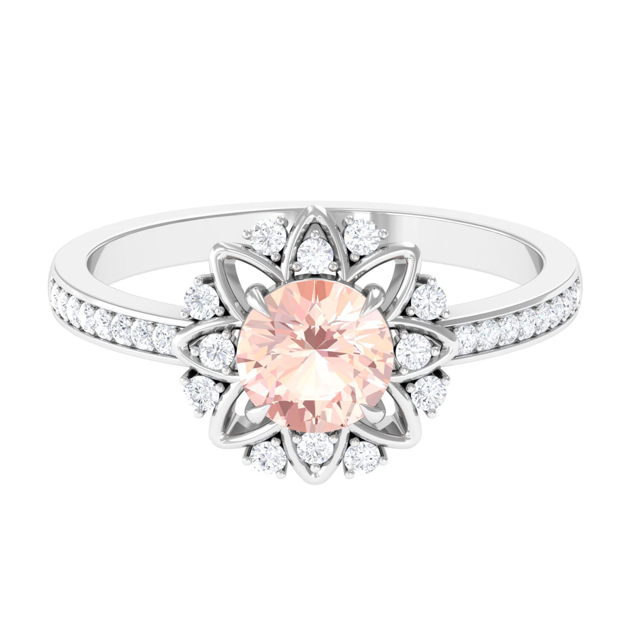 Round Morganite and Diamond Flower Engagement Ring Morganite - ( AAA ) - Quality - Rosec Jewels