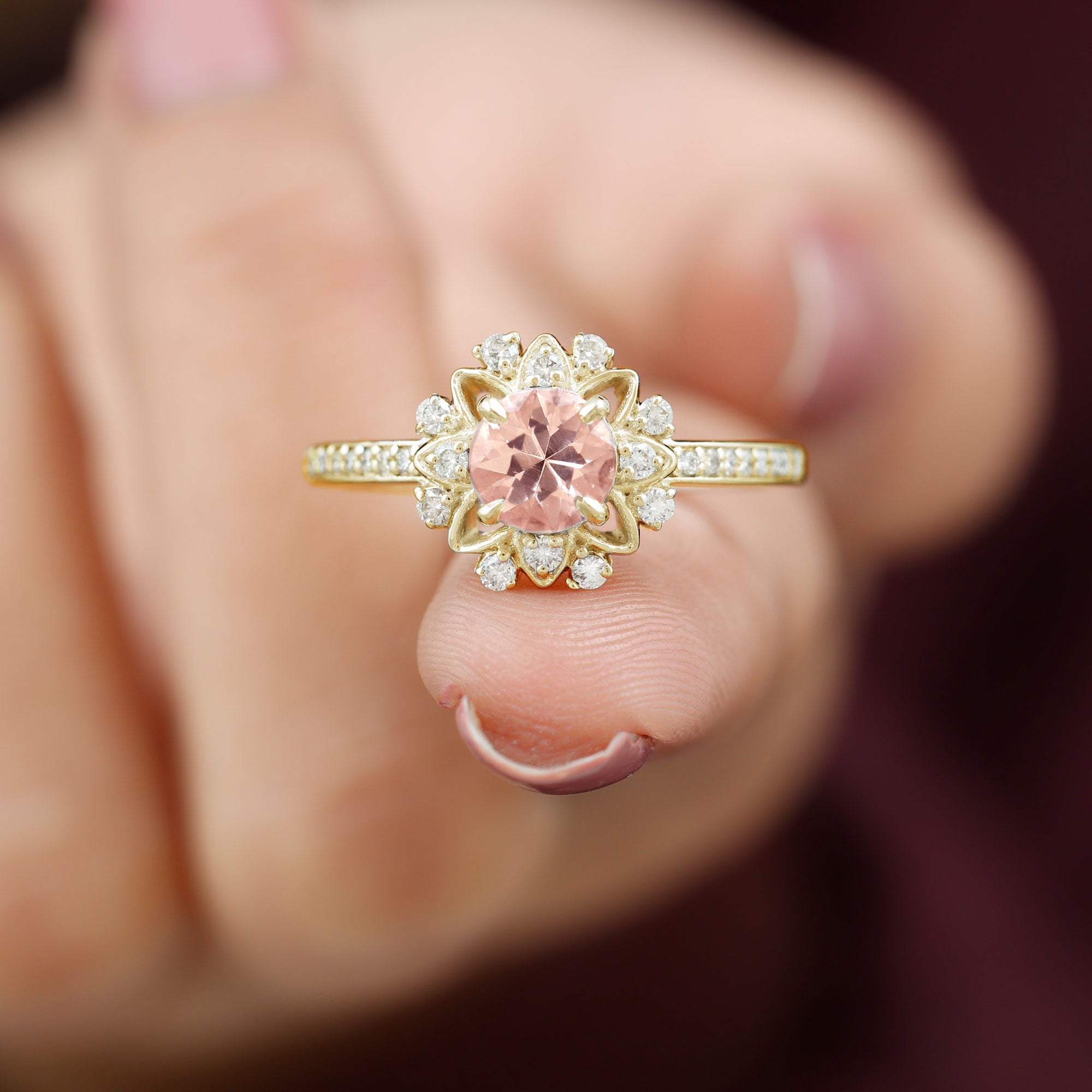 Round Morganite and Diamond Flower Engagement Ring Morganite - ( AAA ) - Quality - Rosec Jewels