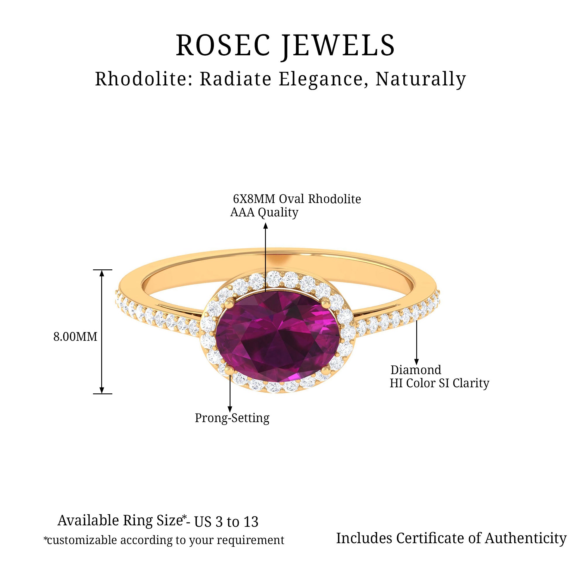 Oval Cut Natural Rhodolite East West Ring with Diamond Halo Rhodolite - ( AAA ) - Quality - Rosec Jewels