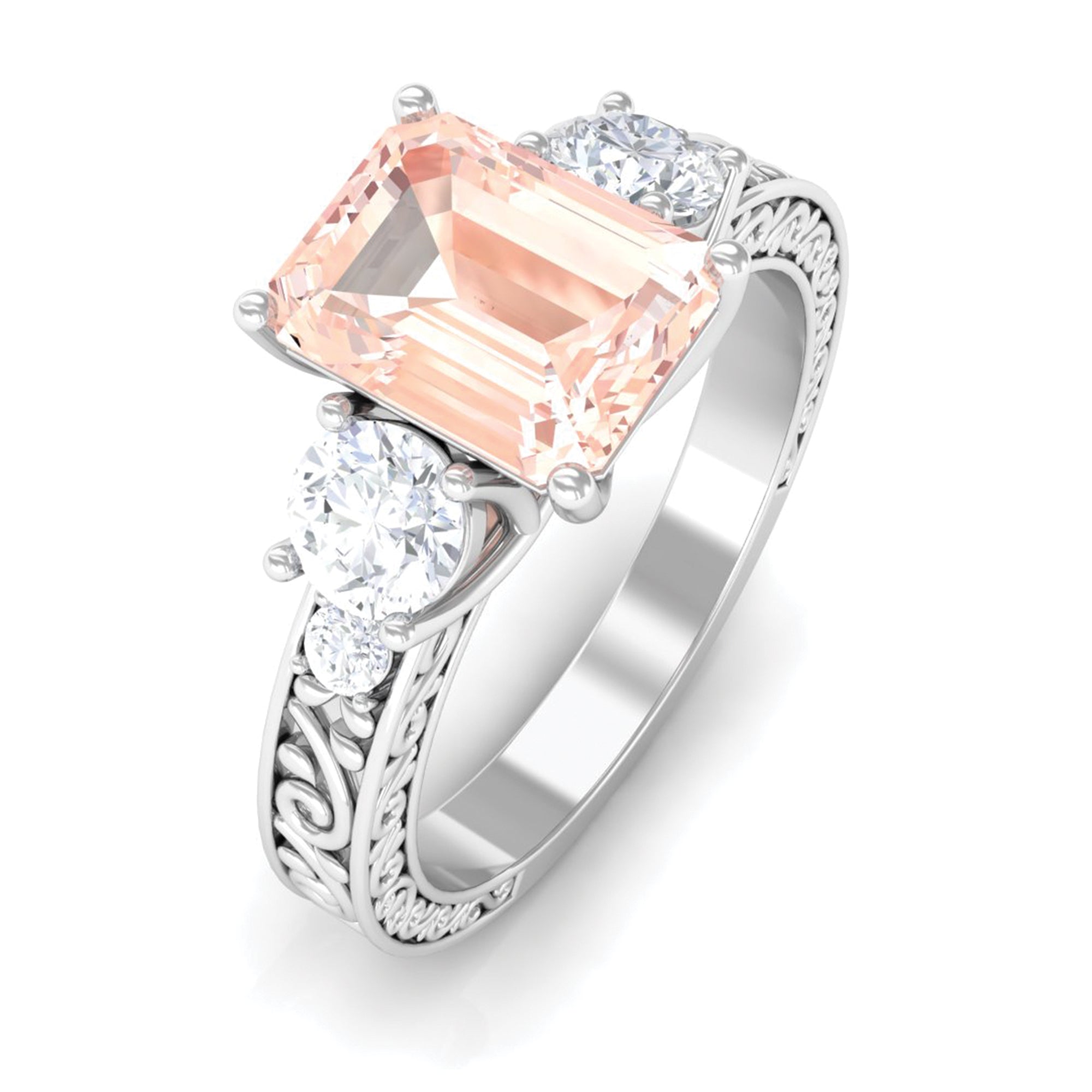 2.25 CT Octagon Cut Morganite and Moissanite Three Stone Engraved Anniversary Ring Morganite - ( AAA ) - Quality - Rosec Jewels