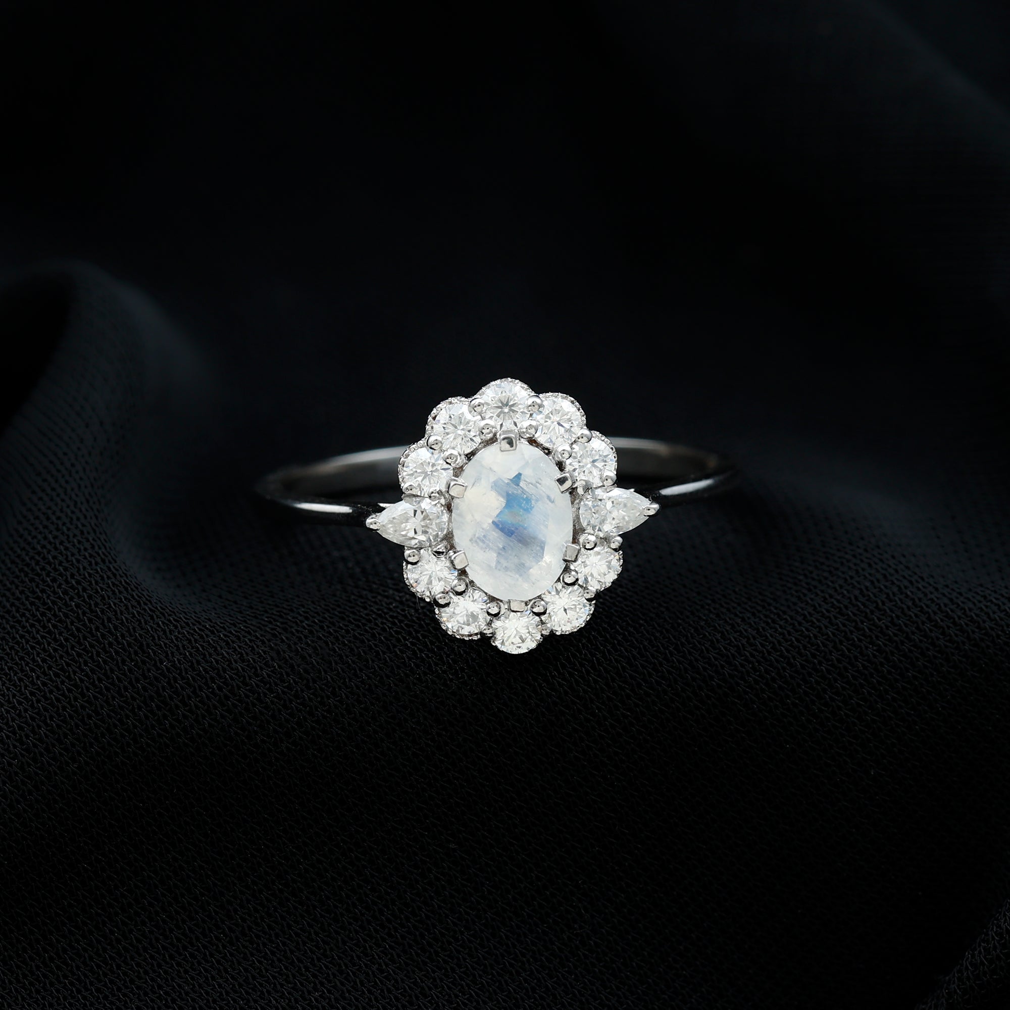 Natural Moonstone Statement Ring With Moissanite Halo Moonstone - ( AAA ) - Quality - Rosec Jewels