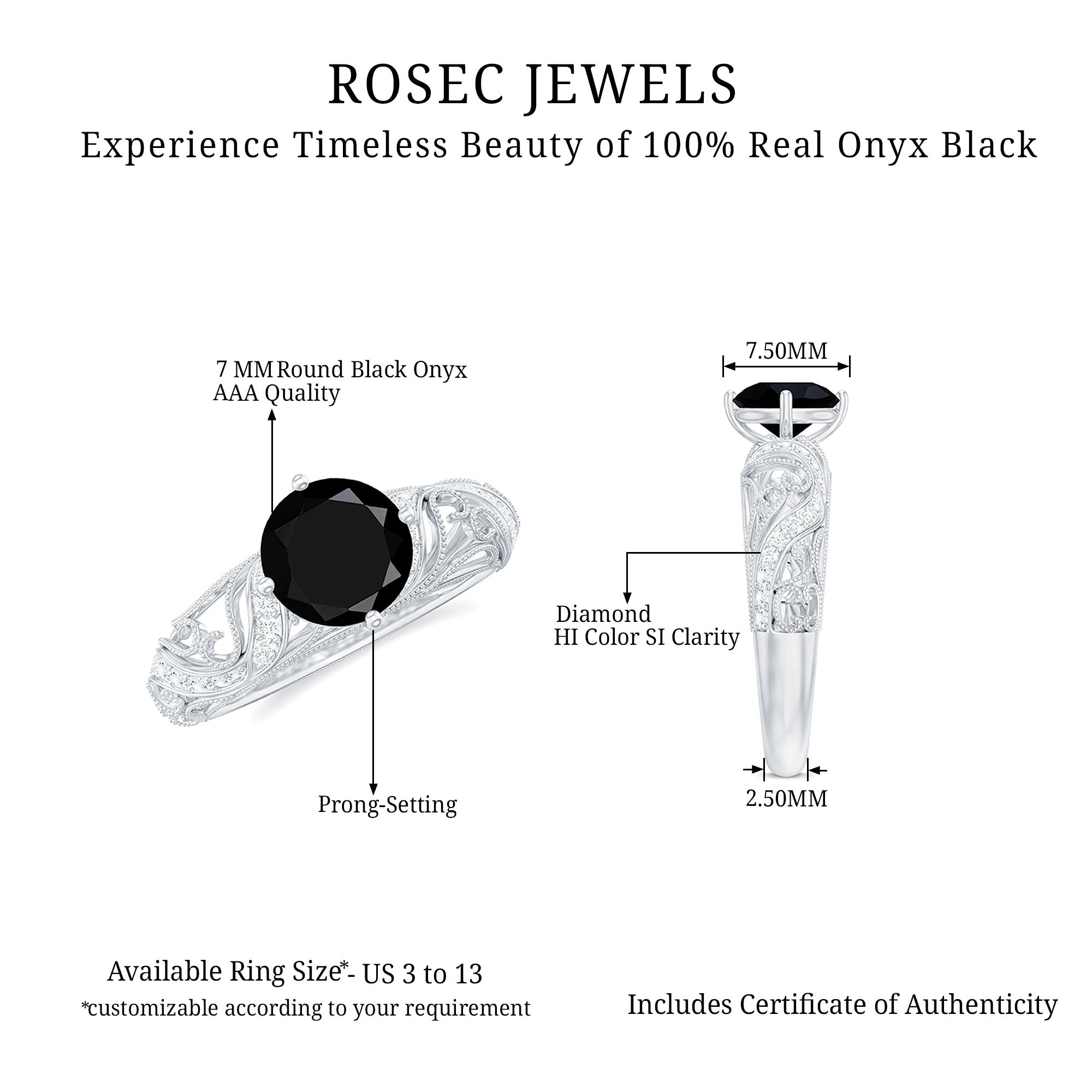 1/4 CT Round Shape Black Onyx and Diamond Milgrain Engagement Ring Black Onyx - ( AAA ) - Quality - Rosec Jewels