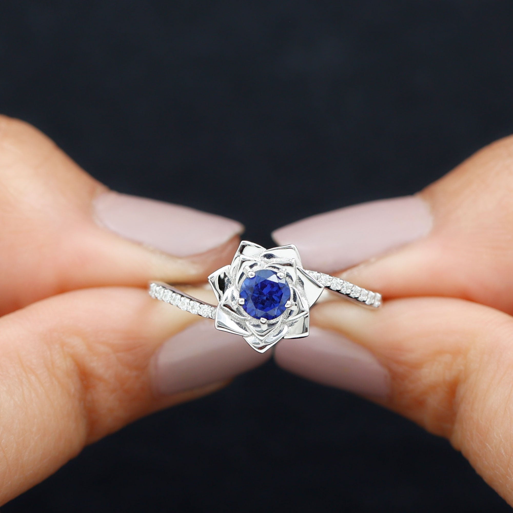 Lab Grown Blue Sapphire and Diamond Flower Bypass Ring Lab Created Blue Sapphire - ( AAAA ) - Quality - Rosec Jewels