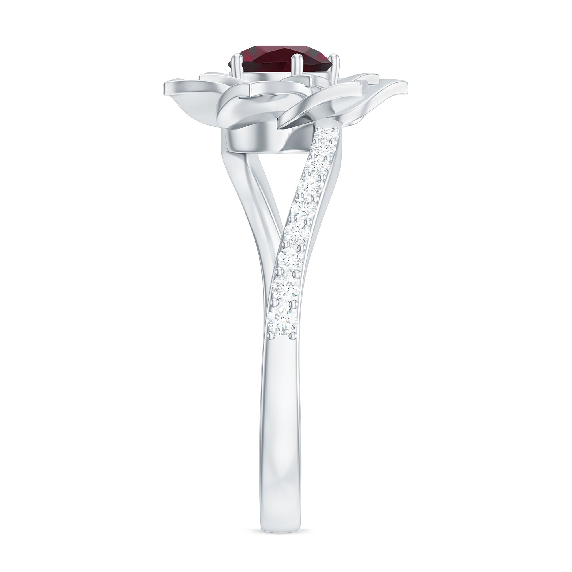 Real Rhodolite and Diamond Flower Ring with Bypass Shank Rhodolite - ( AAA ) - Quality - Rosec Jewels