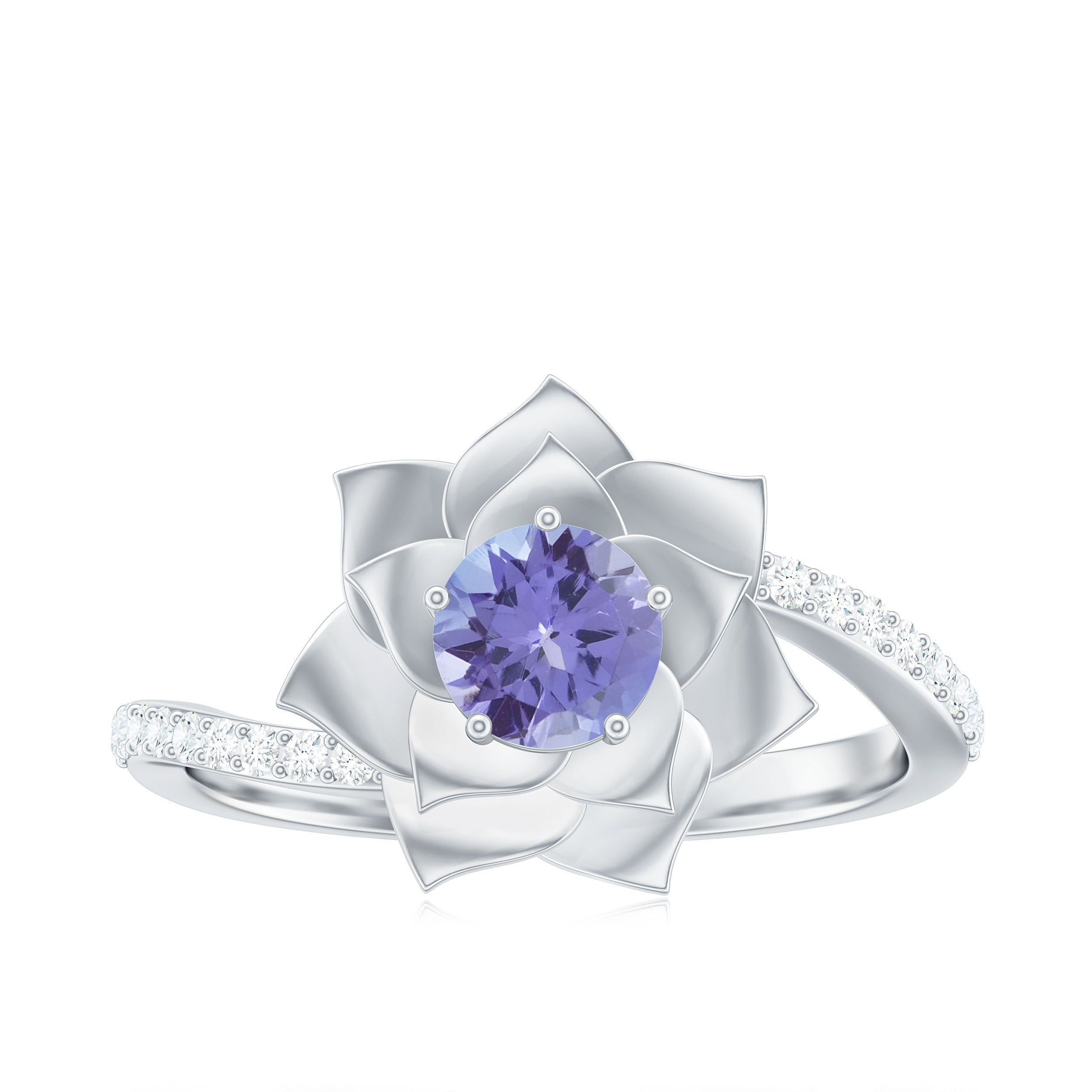 Real Tanzanite and Diamond Flower Ring in Bypass Shank Tanzanite - ( AAA ) - Quality - Rosec Jewels