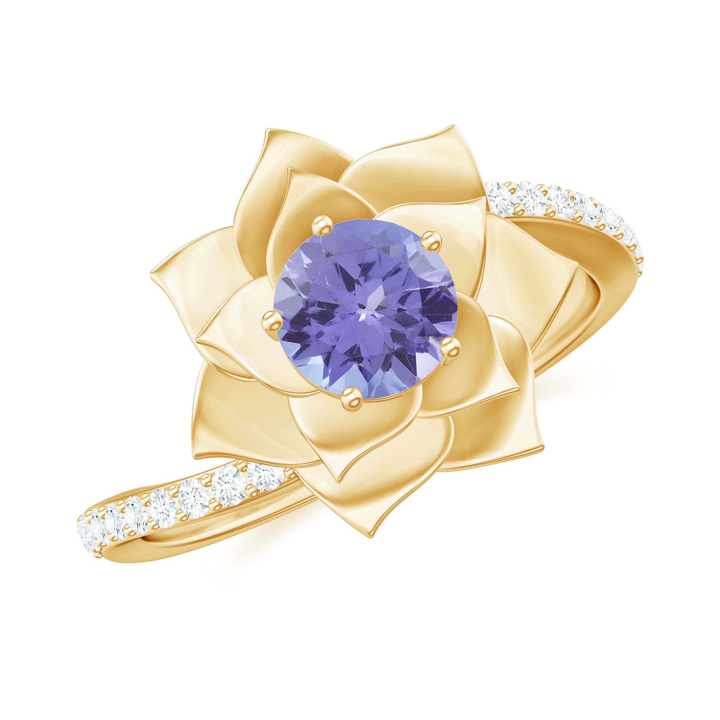 Real Tanzanite and Diamond Flower Ring in Bypass Shank Tanzanite - ( AAA ) - Quality - Rosec Jewels