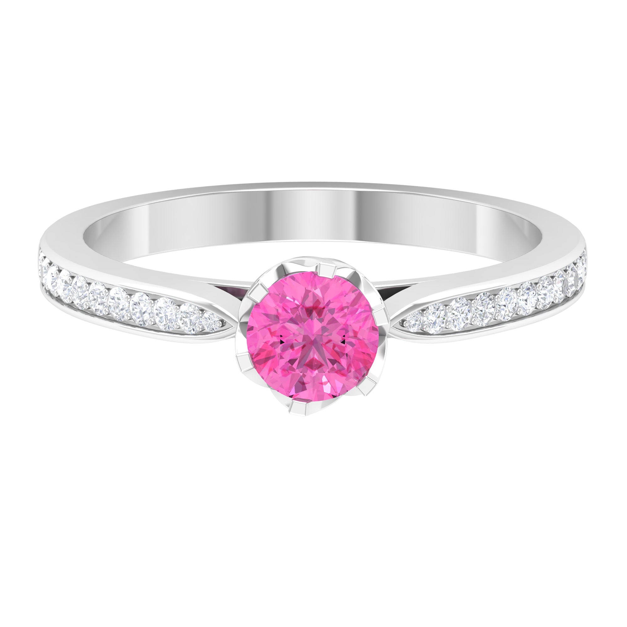 Round Cut Pink Sapphire Solitaire Engagement Ring with Diamond Pink Sapphire - ( AAA ) - Quality - Rosec Jewels