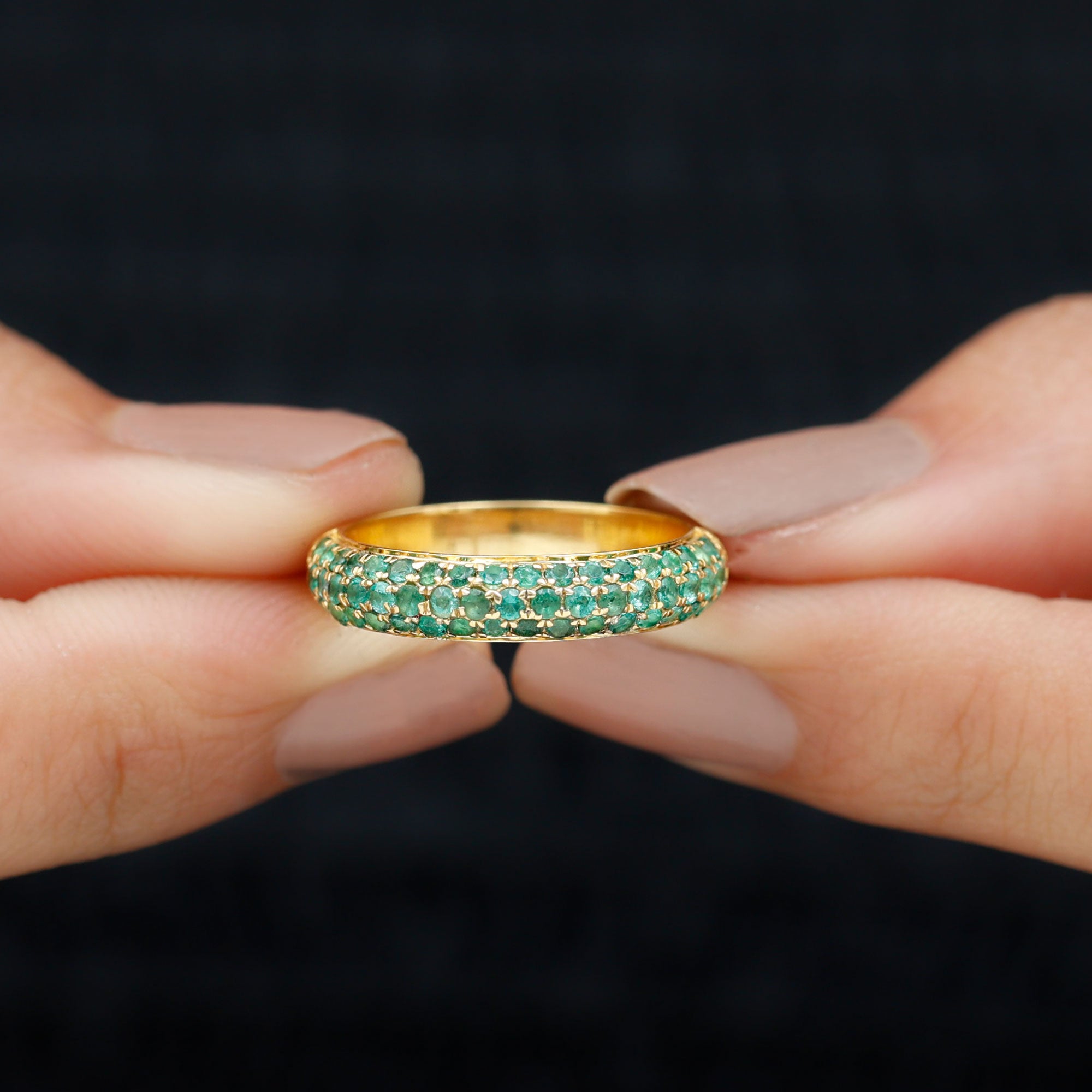 Pave Set Emerald Semi Eternity Band Ring Emerald - ( AAA ) - Quality - Rosec Jewels