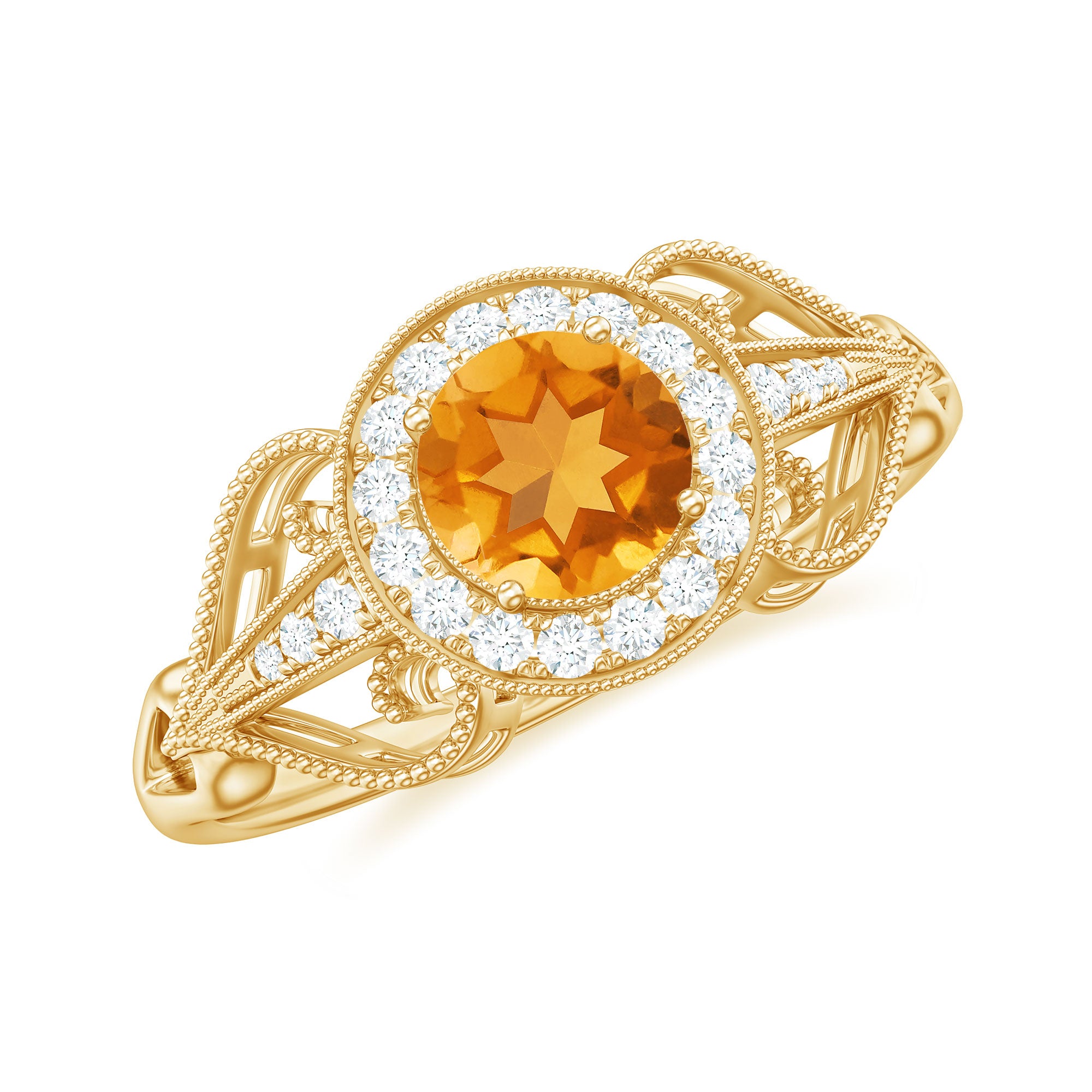 Vintage Citrine Diamond Engagement Ring with Beaded Detail Citrine - ( AAA ) - Quality - Rosec Jewels