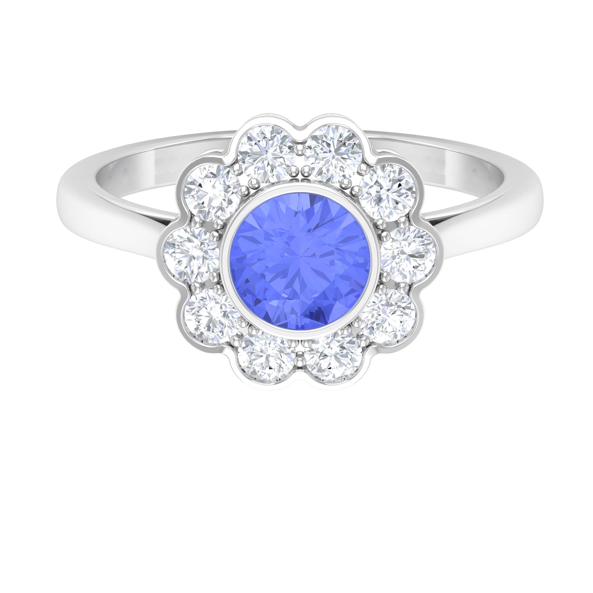 Bezel Set Tanzanite and Diamond Flower Halo Engagement Ring Tanzanite - ( AAA ) - Quality - Rosec Jewels