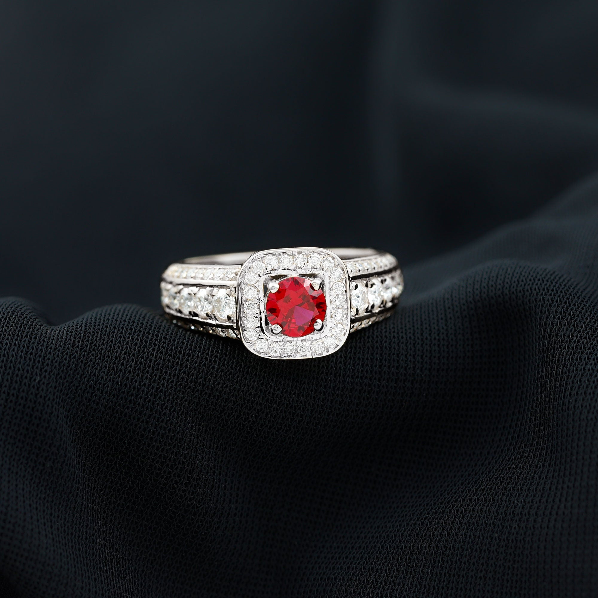 Lab Grown Ruby and Moissanite Halo Engagement Ring Lab Created Ruby - ( AAAA ) - Quality - Rosec Jewels