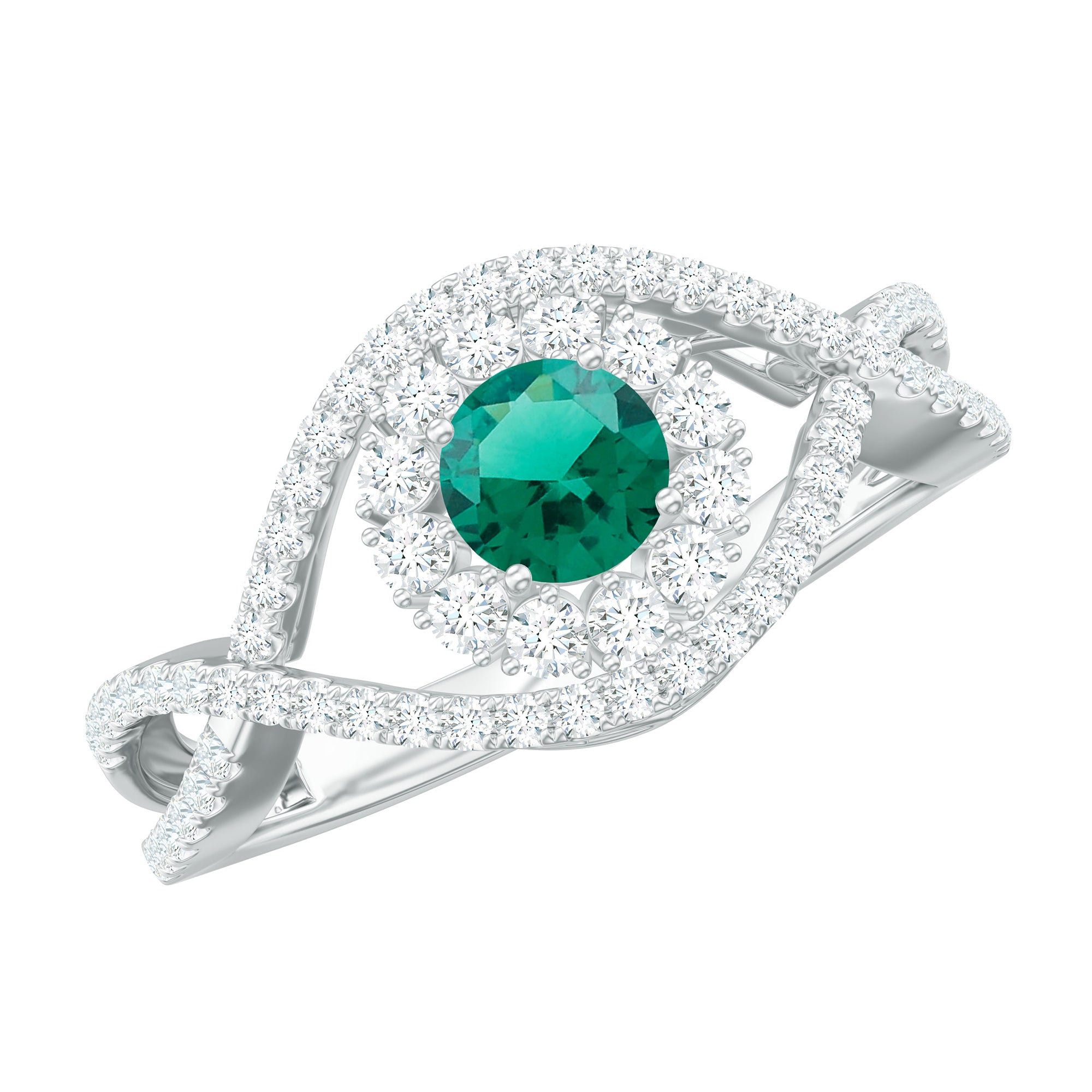 Lab Grown Emerald and Diamond Crossover Ring Lab Created Emerald - ( AAAA ) - Quality - Rosec Jewels