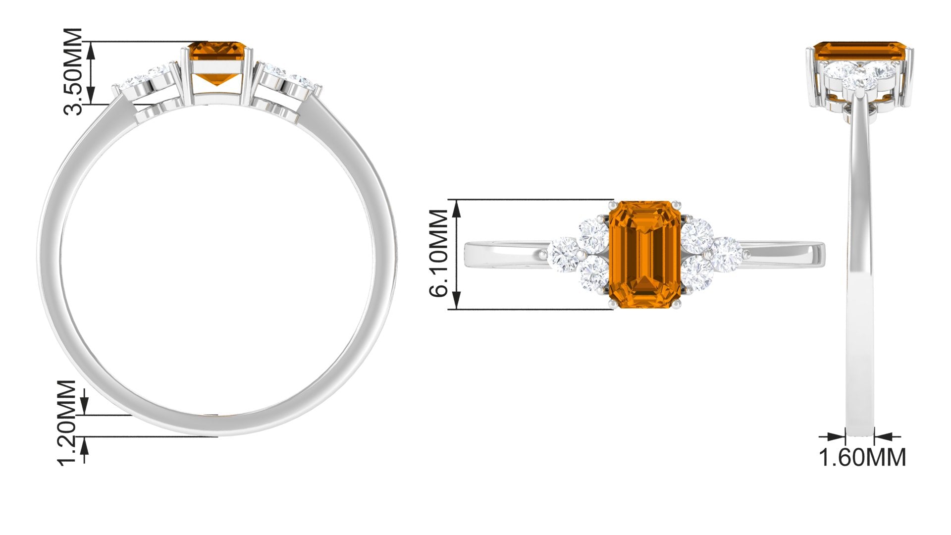 1 CT Octagon Cut Citrine Solitaire Ring with Diamond Trio Citrine - ( AAA ) - Quality - Rosec Jewels