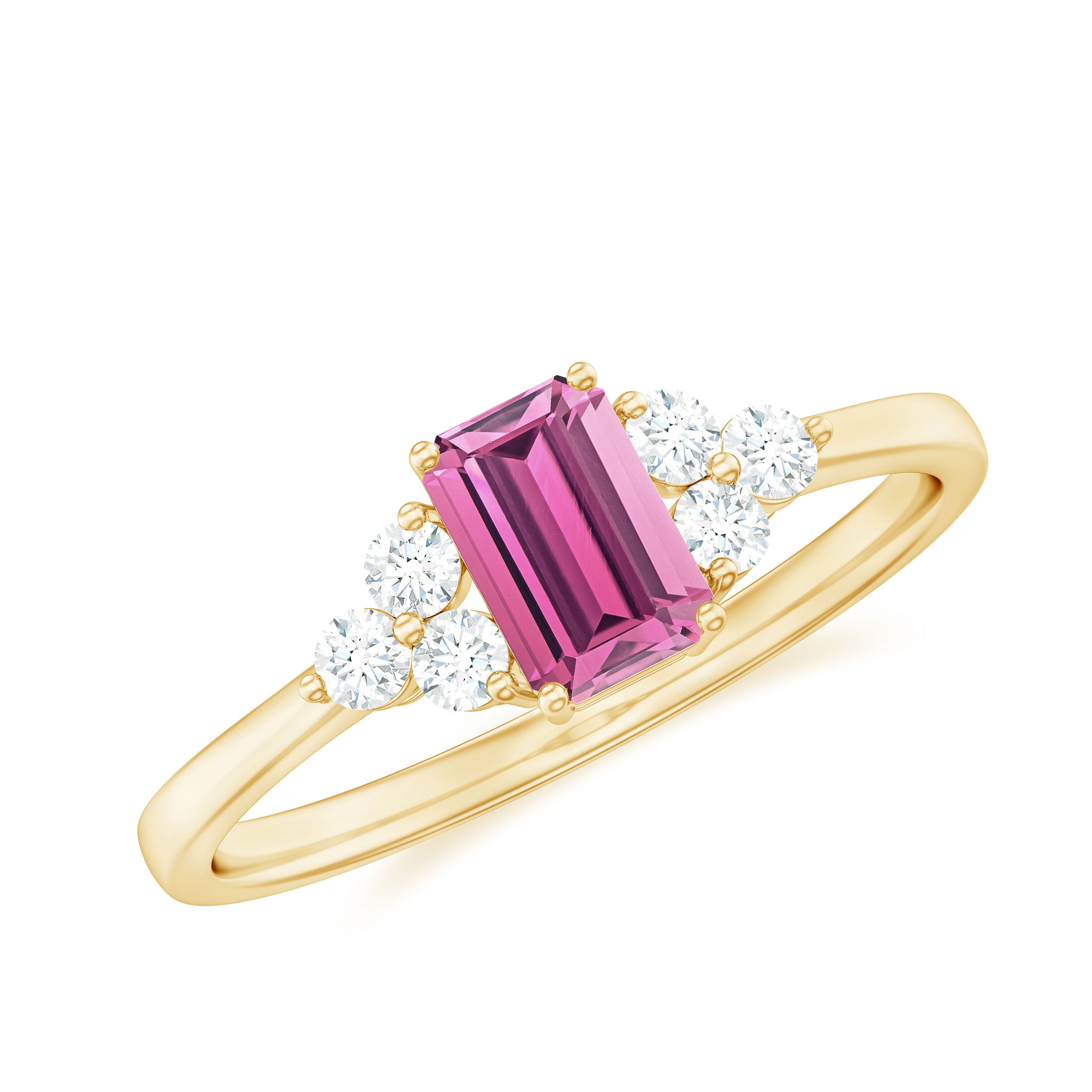 1 CT Octagon Cut Pink Tourmaline Solitaire Ring with Diamond Trio Pink Tourmaline - ( AAA ) - Quality - Rosec Jewels