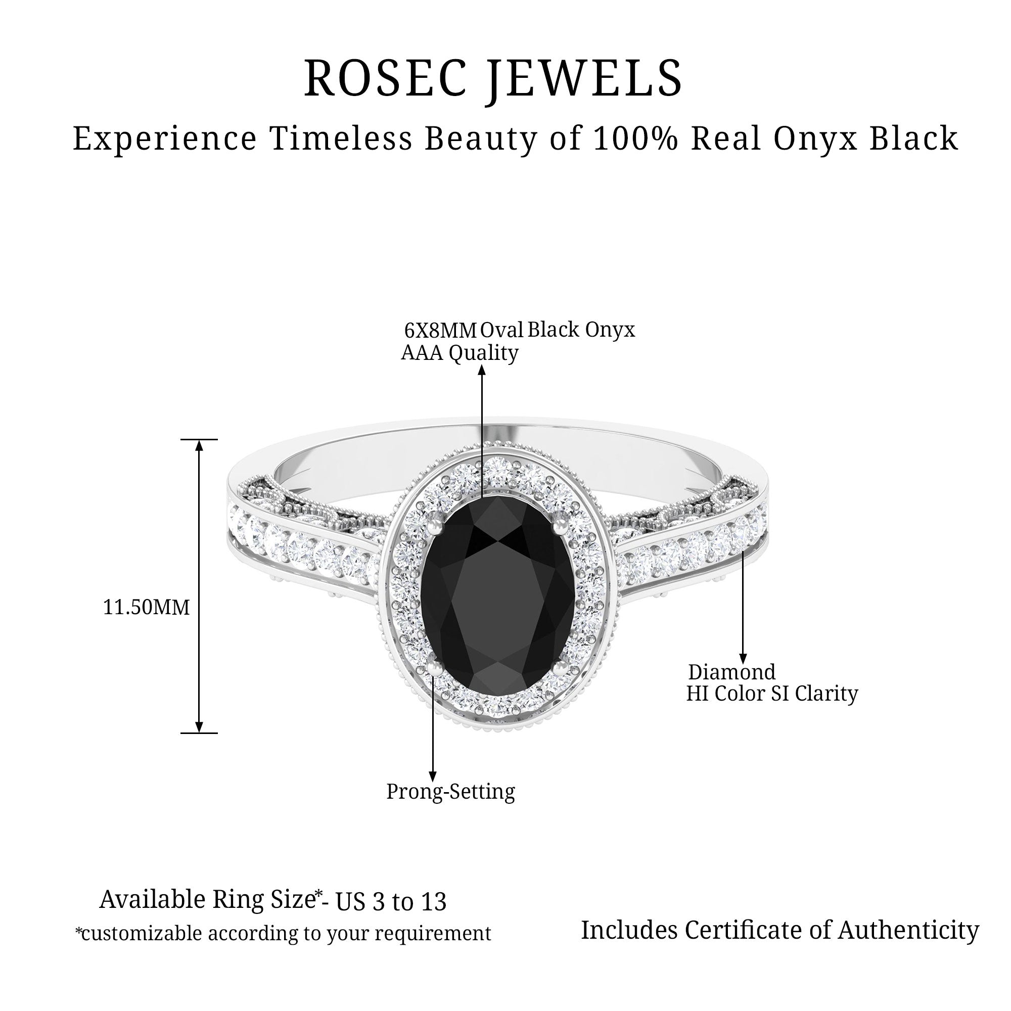 2 CT Black Onyx and Diamond Engagement Ring with Milgrain Details Black Onyx - ( AAA ) - Quality - Rosec Jewels