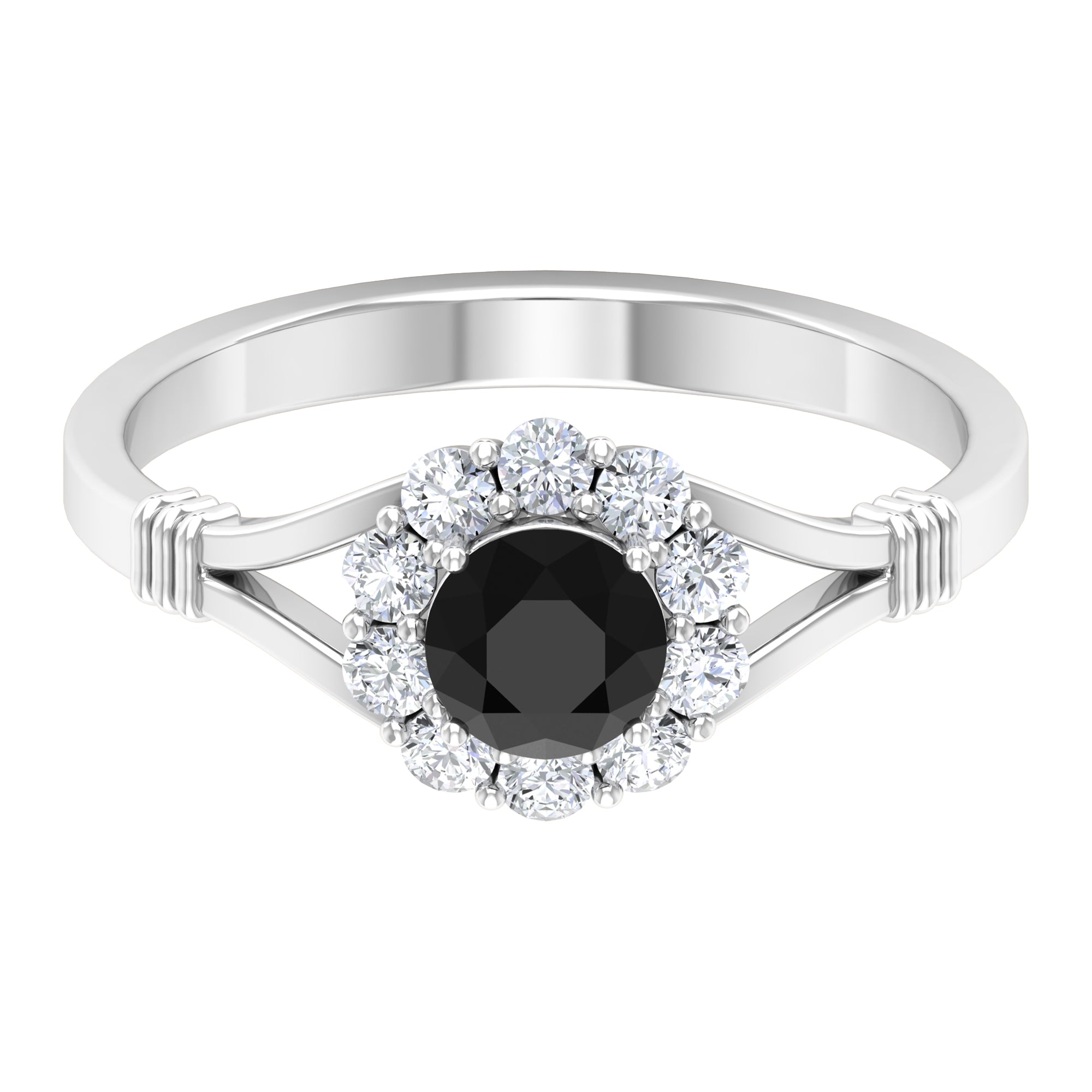 Black Onyx and Diamond Flower Halo Ring with Split Shank Black Onyx - ( AAA ) - Quality - Rosec Jewels