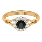 Black Onyx and Diamond Flower Halo Ring with Split Shank Black Onyx - ( AAA ) - Quality - Rosec Jewels