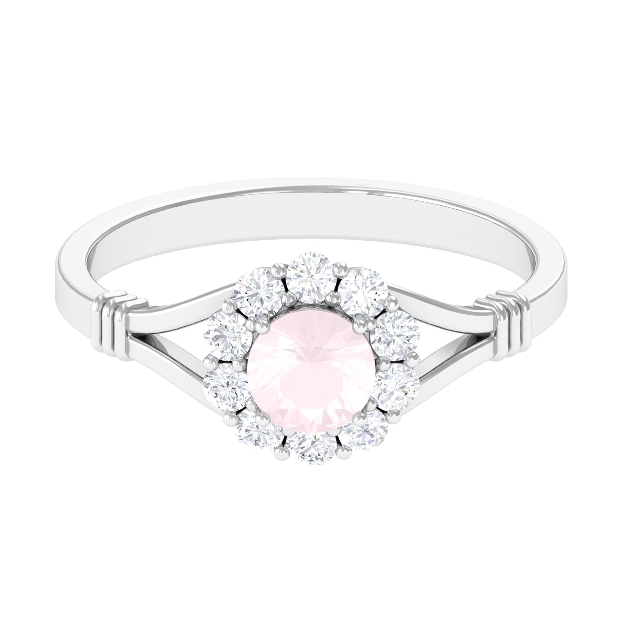 1 CT Rose Quartz Flower Engagement Ring with Diamond Halo in Split Shank Rose Quartz - ( AAA ) - Quality - Rosec Jewels