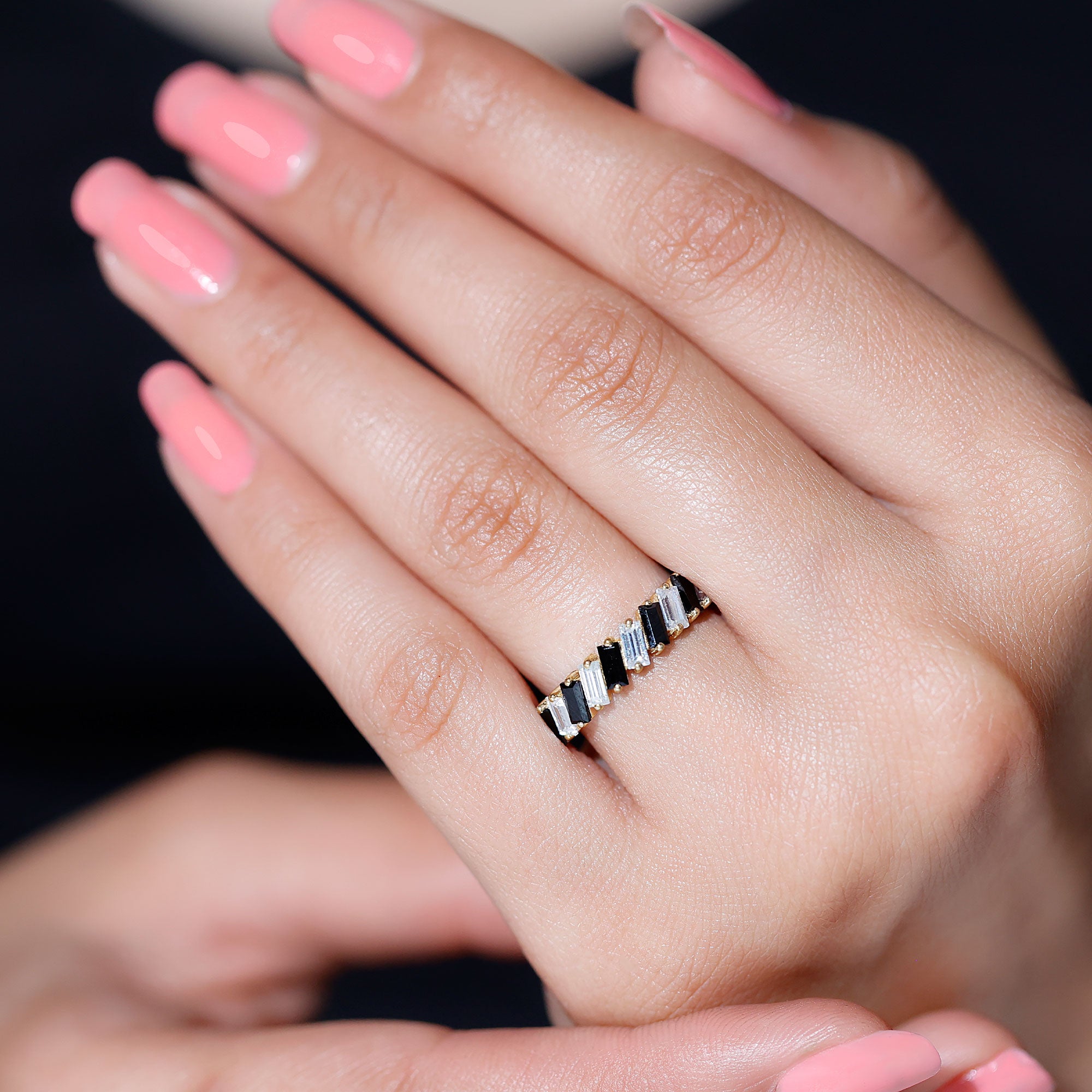 Tilted Baguette Shape Black Onyx and Moissanite Half Eternity Ring Black Onyx - ( AAA ) - Quality - Rosec Jewels