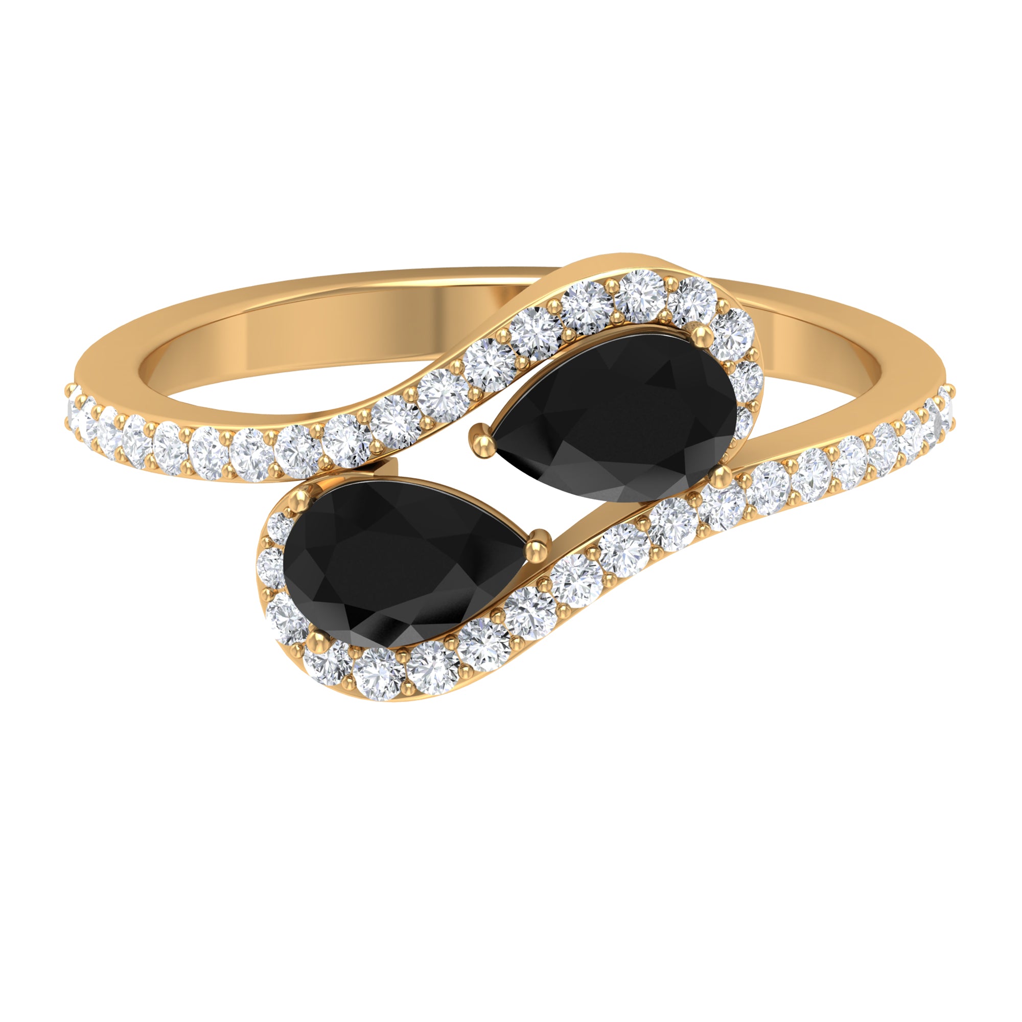 Pear Shape Black Onyx and Diamond Bypass Engagement Ring Black Onyx - ( AAA ) - Quality - Rosec Jewels