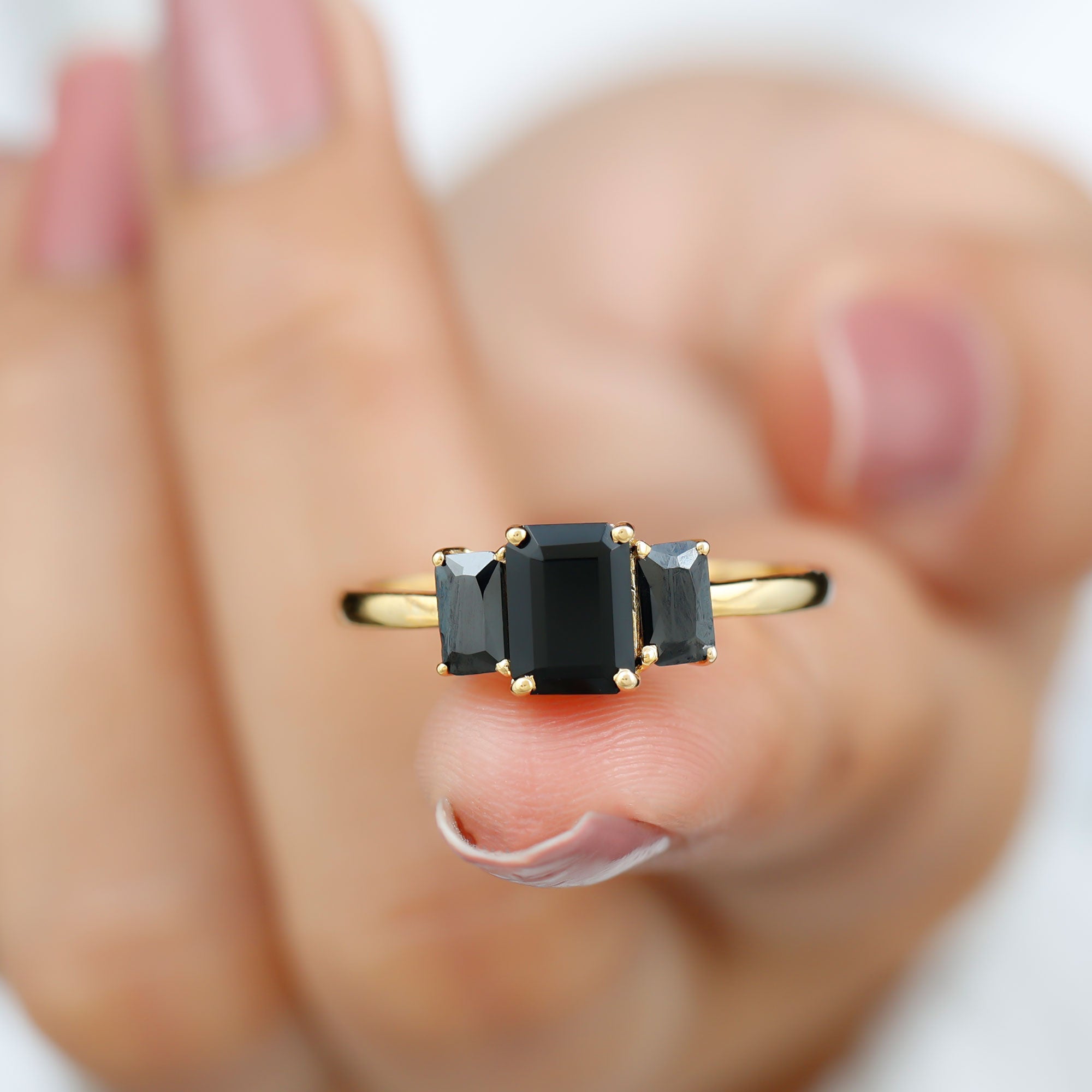 1.75 Ct Octagon Black Onyx Three Stone Engagement Ring Gold Black Onyx - ( AAA ) - Quality - Rosec Jewels