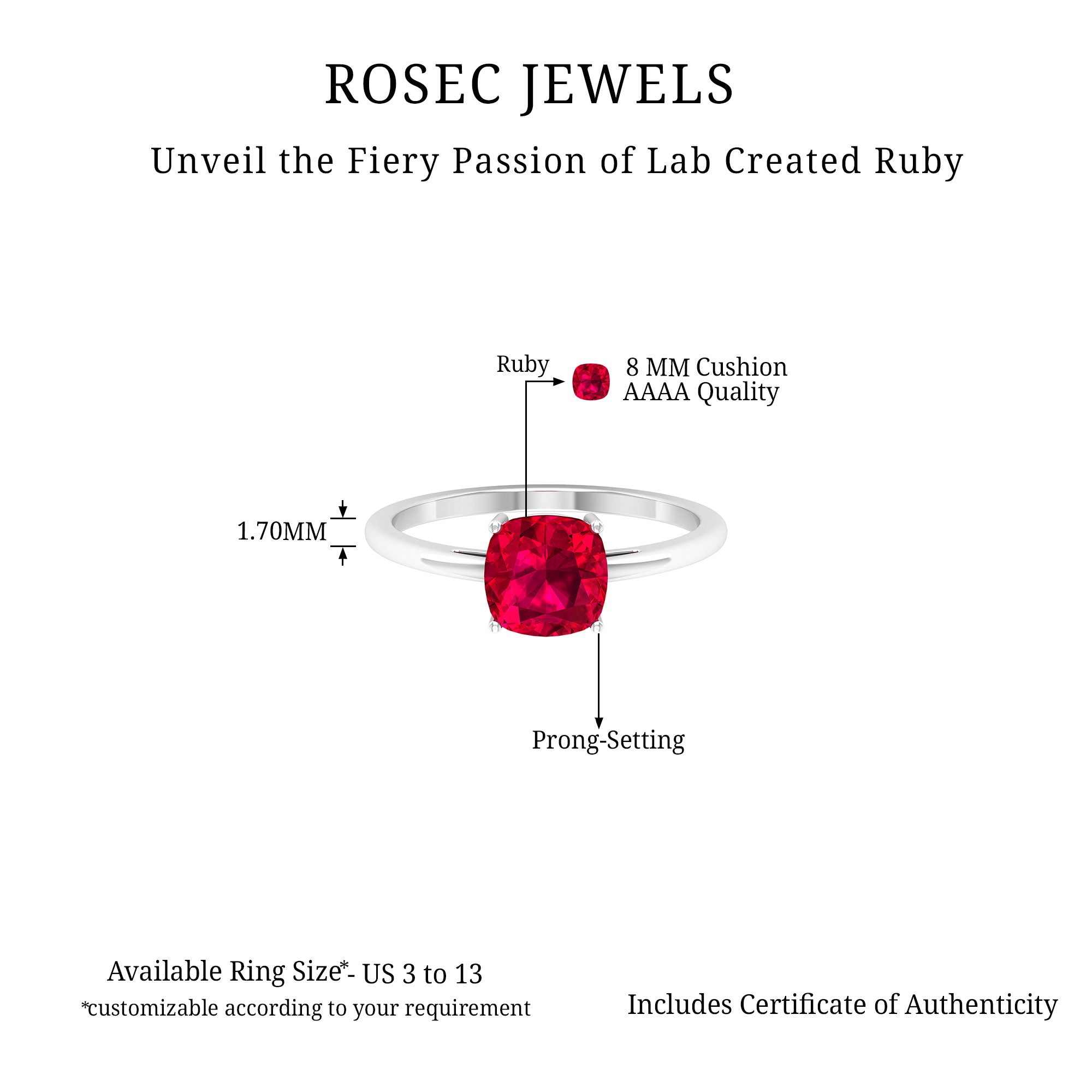 8 MM Cushion Cut Created Ruby Solitaire Ring Lab Created Ruby - ( AAAA ) - Quality - Rosec Jewels