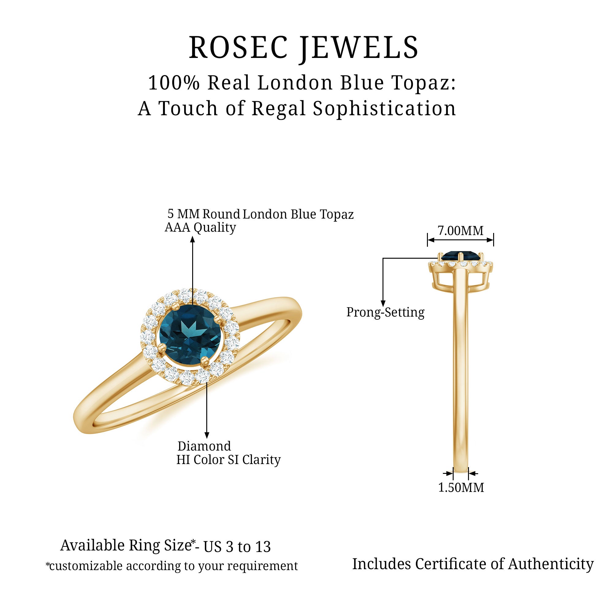 London Blue Topaz Halo Engagement Ring with Diamond London Blue Topaz - ( AAA ) - Quality - Rosec Jewels