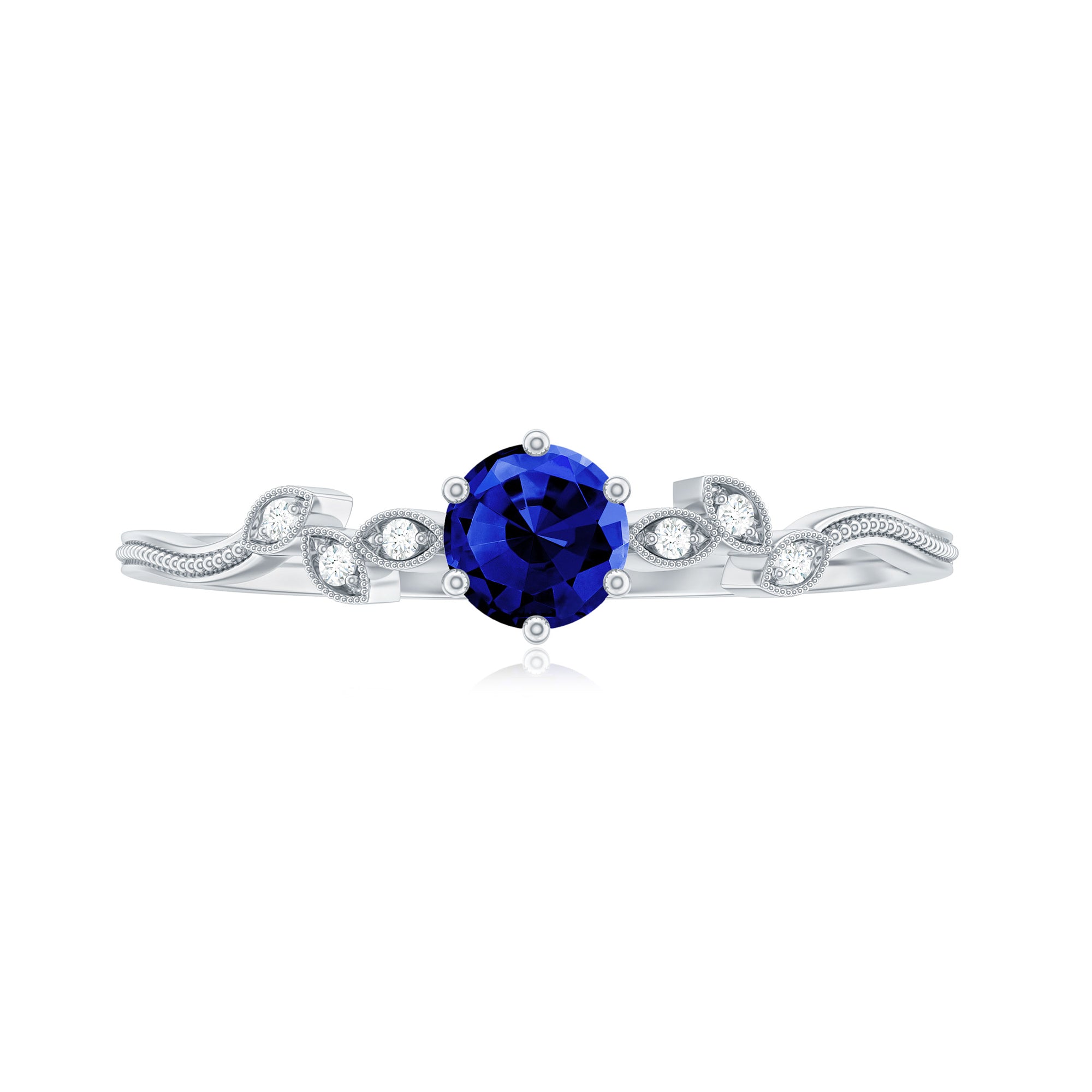 Round Created Blue Sapphire Minimal Leaf Promise Ring with Diamond in Gold Lab Created Blue Sapphire - ( AAAA ) - Quality - Rosec Jewels