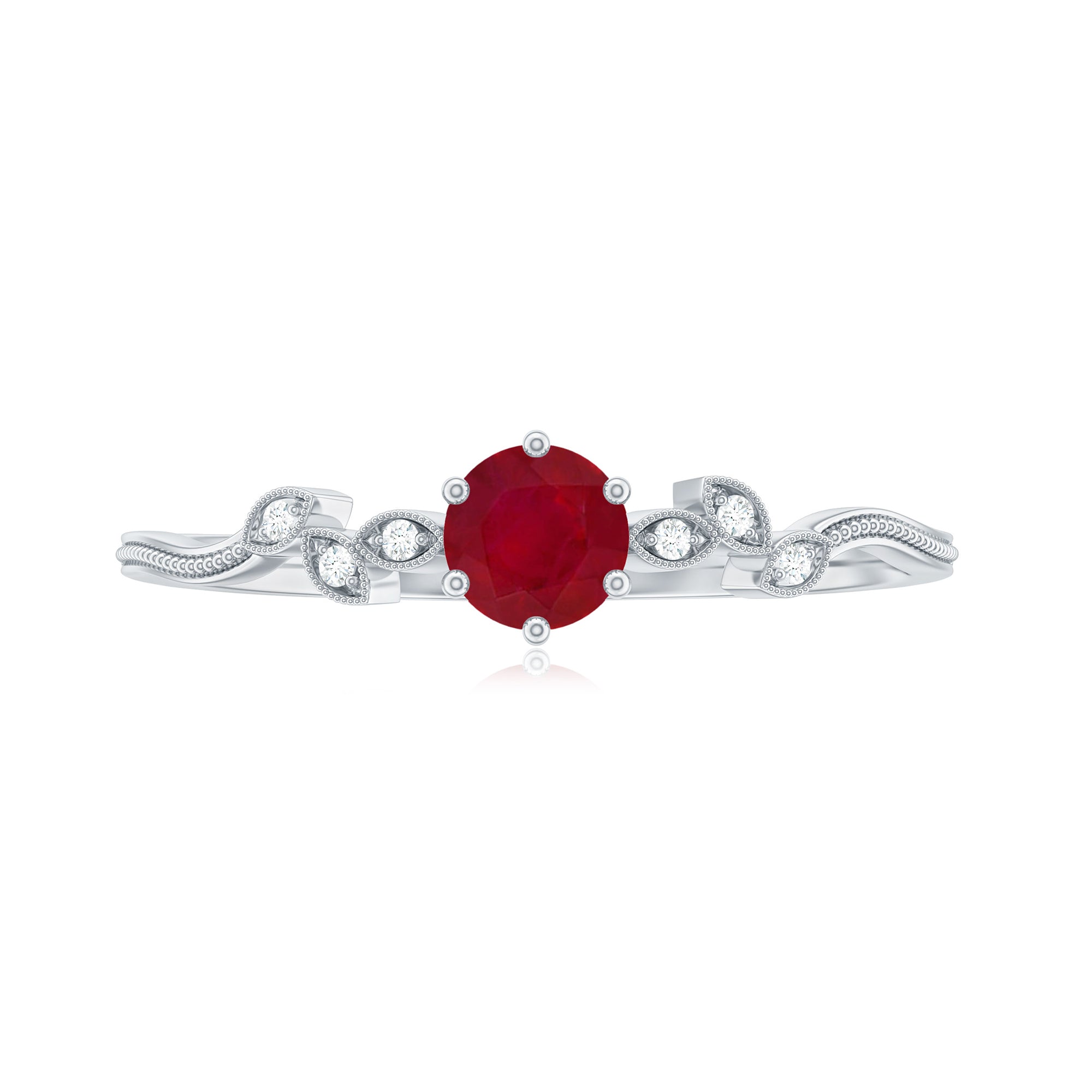 Ruby and Diamond Leaf Branch Promise Ring Ruby - ( AAA ) - Quality - Rosec Jewels