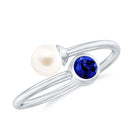 Lab Created Blue Sapphire and Pearl Toi Et Moi Ring Freshwater Pearl - ( AAA ) - Quality - Rosec Jewels