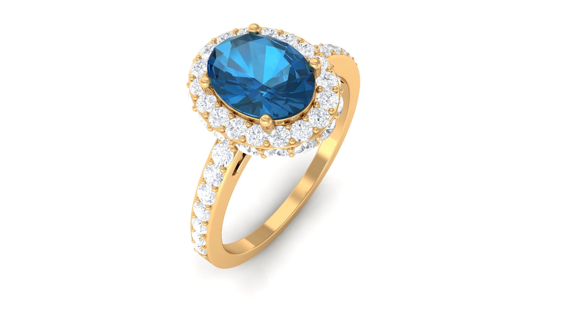 Oval London Blue Topaz Classic Halo Engagement Ring with Moissanite London Blue Topaz - ( AAA ) - Quality - Rosec Jewels