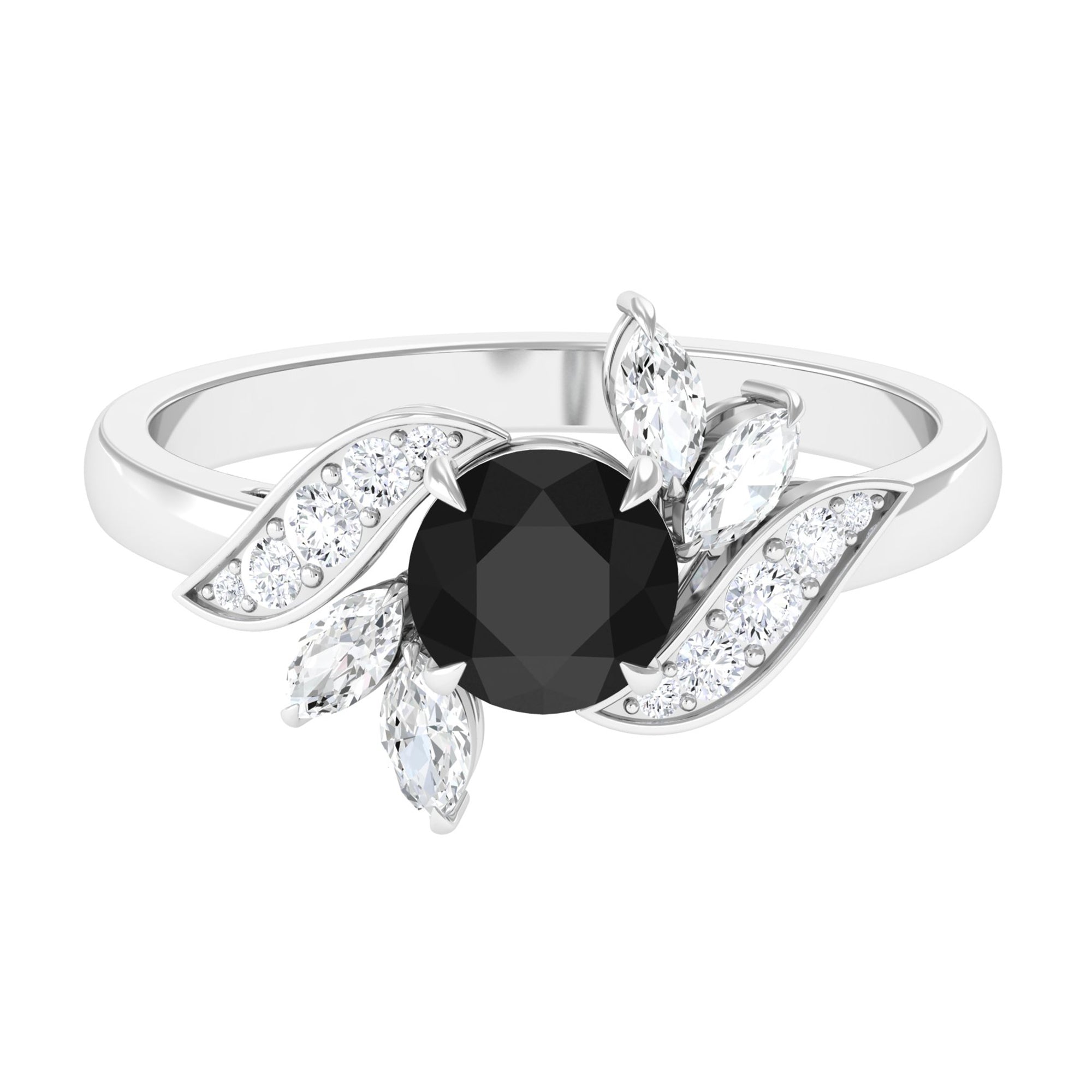 2 CT Black Spinel Flower Engagement Ring with Diamond Black Spinel - ( AAA ) - Quality - Rosec Jewels