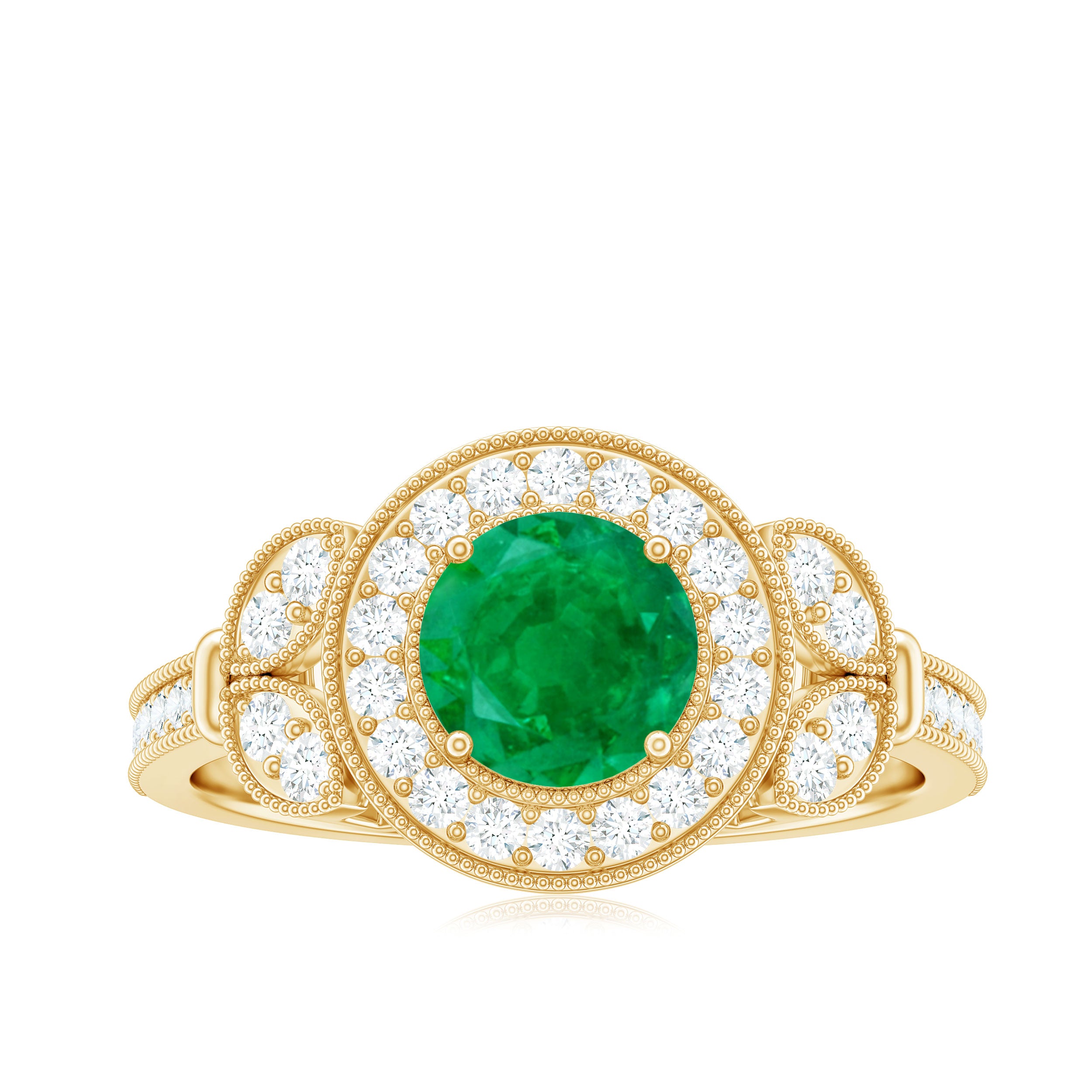 Vintage Inspired Emerald Diamond Engagement Ring Emerald - ( AAA ) - Quality - Rosec Jewels