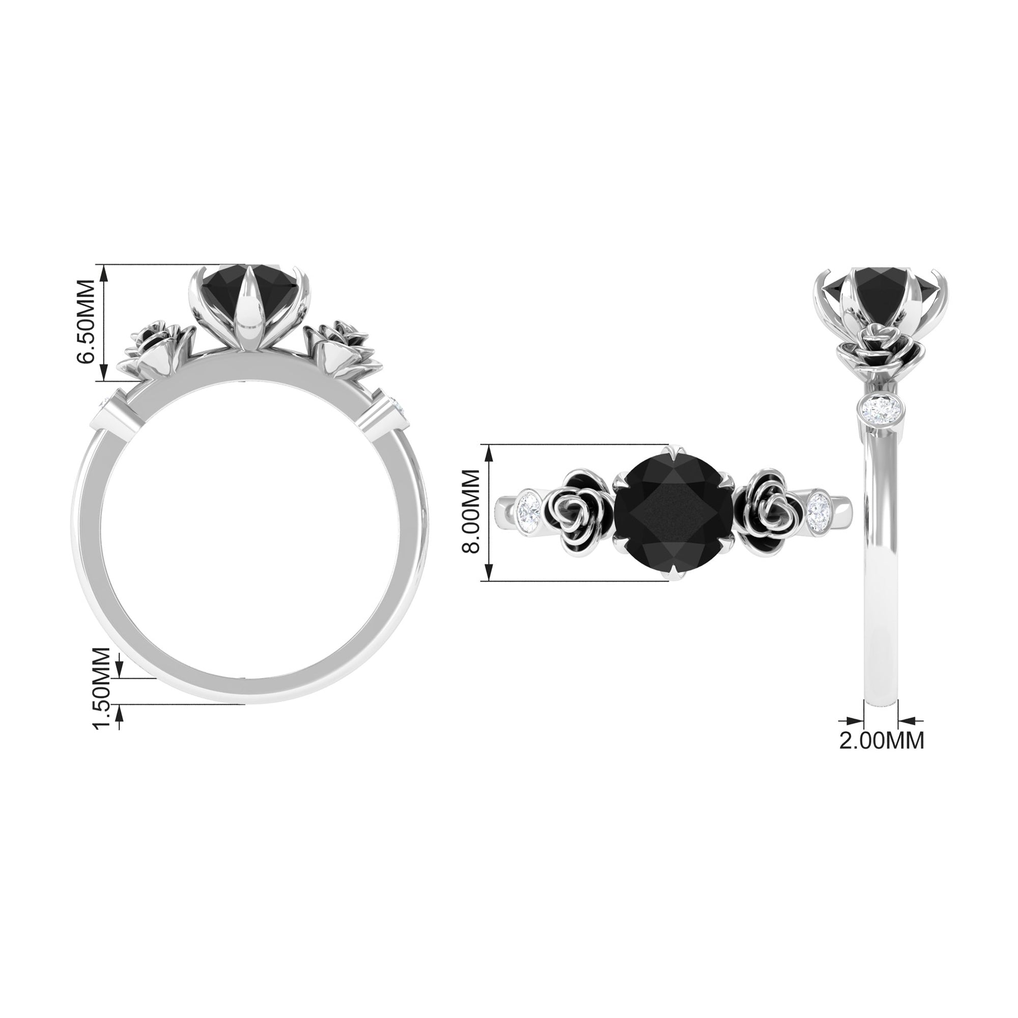 1.50 CT Solitaire Black Spinel Flower Ring with Diamond Side Stones Black Spinel - ( AAA ) - Quality - Rosec Jewels