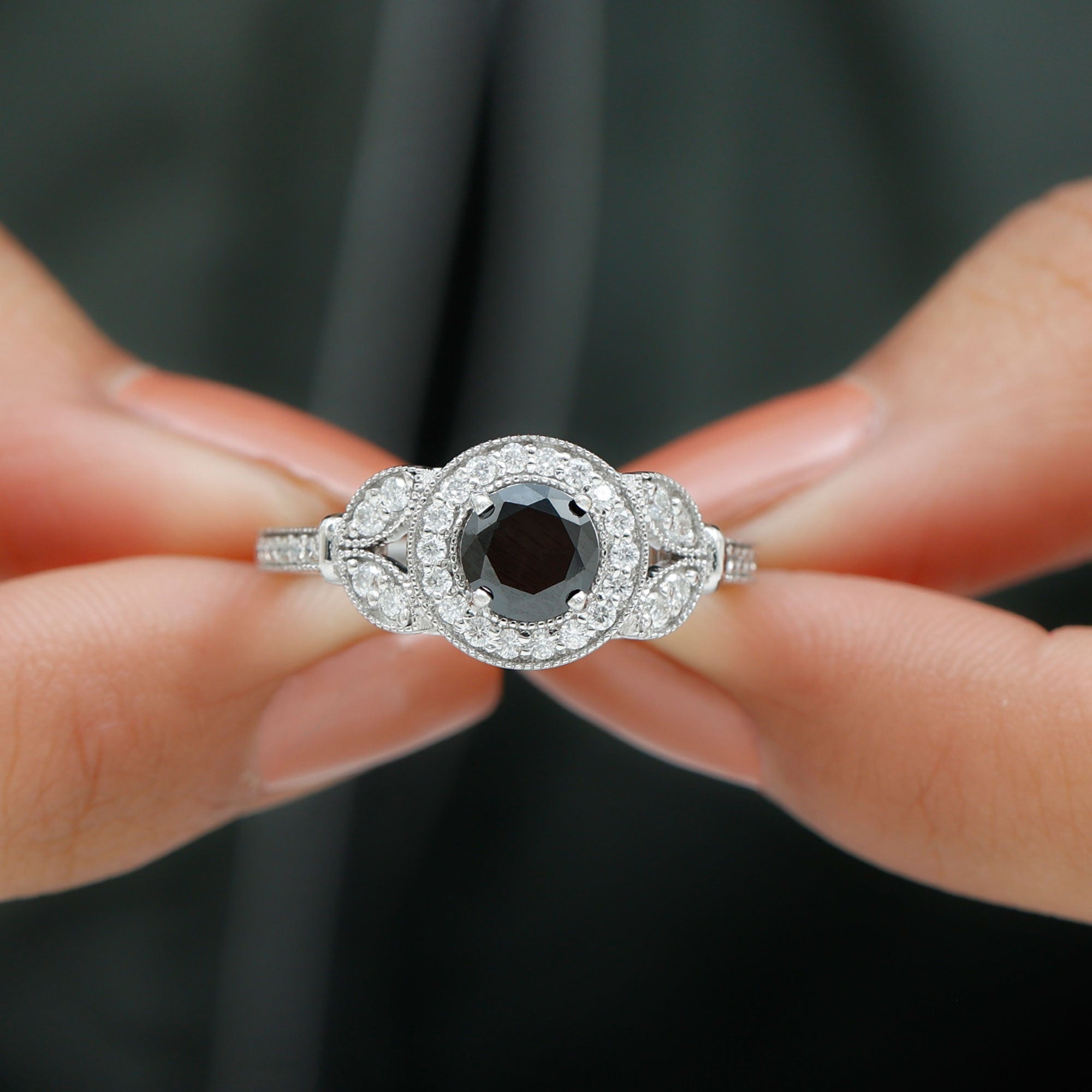 Vintage Inspired Black Onyx and Diamond Engagement Ring Black Onyx - ( AAA ) - Quality - Rosec Jewels