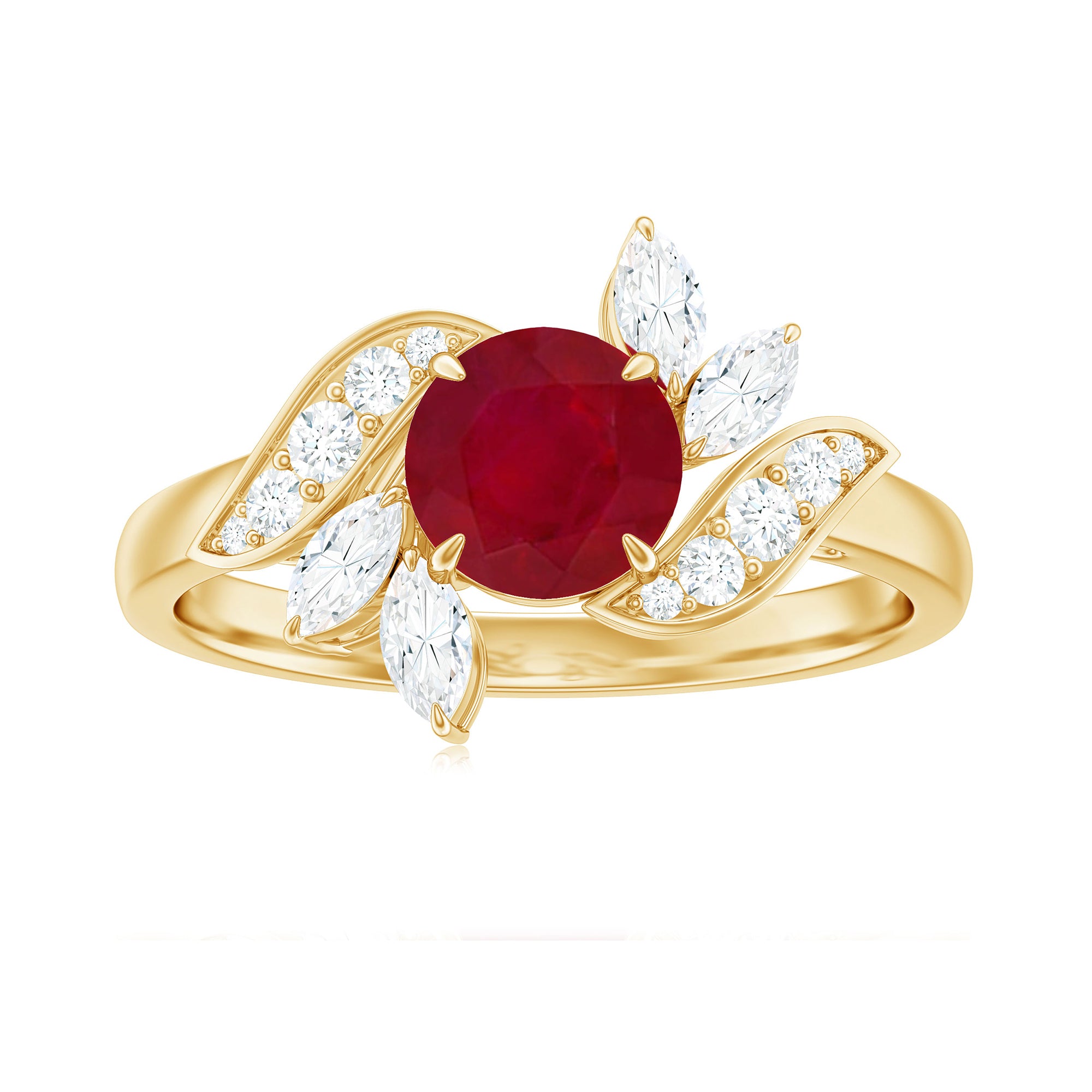 Claw Set Ruby Flower Engagement Ring with Diamond Ruby - ( AAA ) - Quality - Rosec Jewels