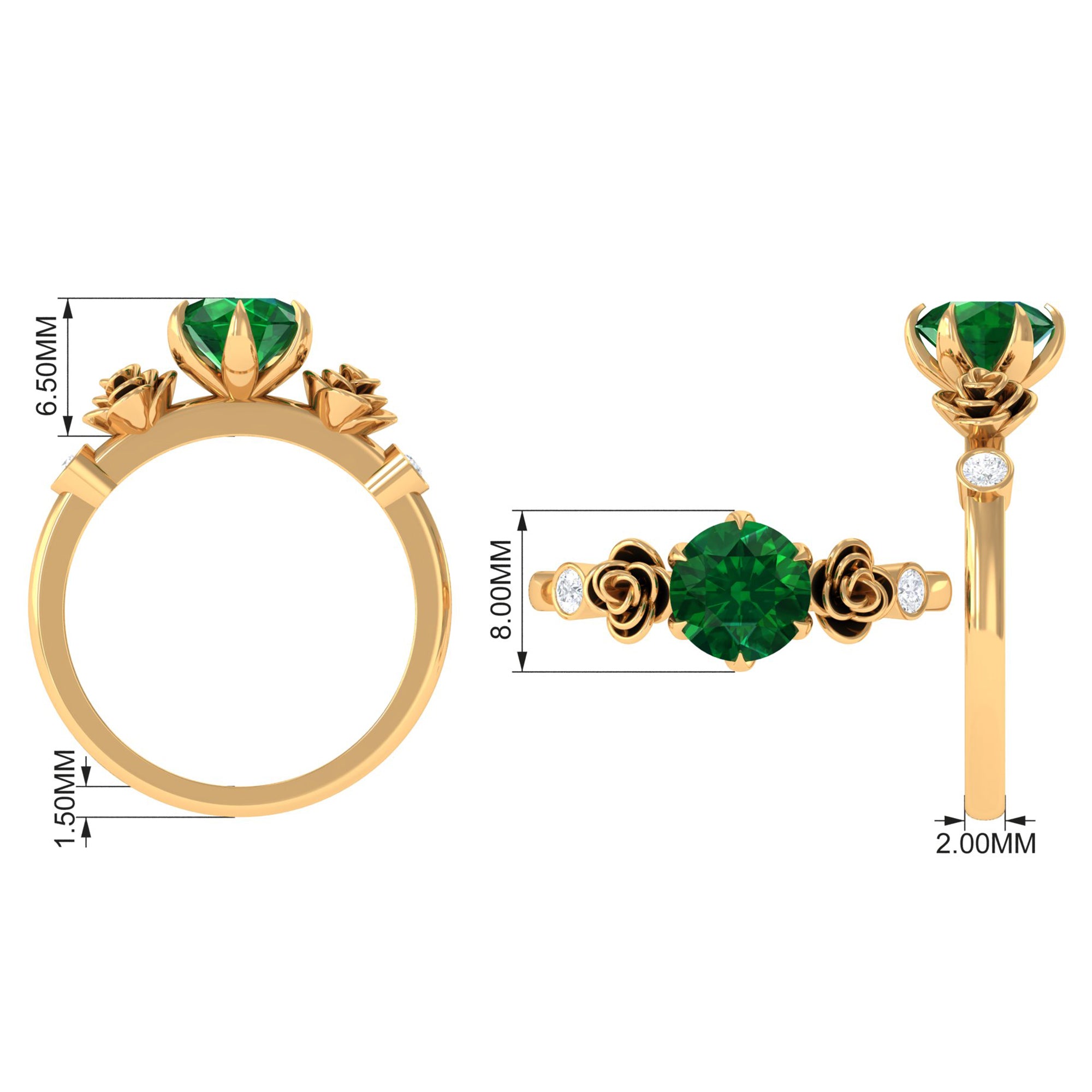 2.5 CT Solitaire Created Emerald Flower Ring with Diamond Lab Created Emerald - ( AAAA ) - Quality - Rosec Jewels