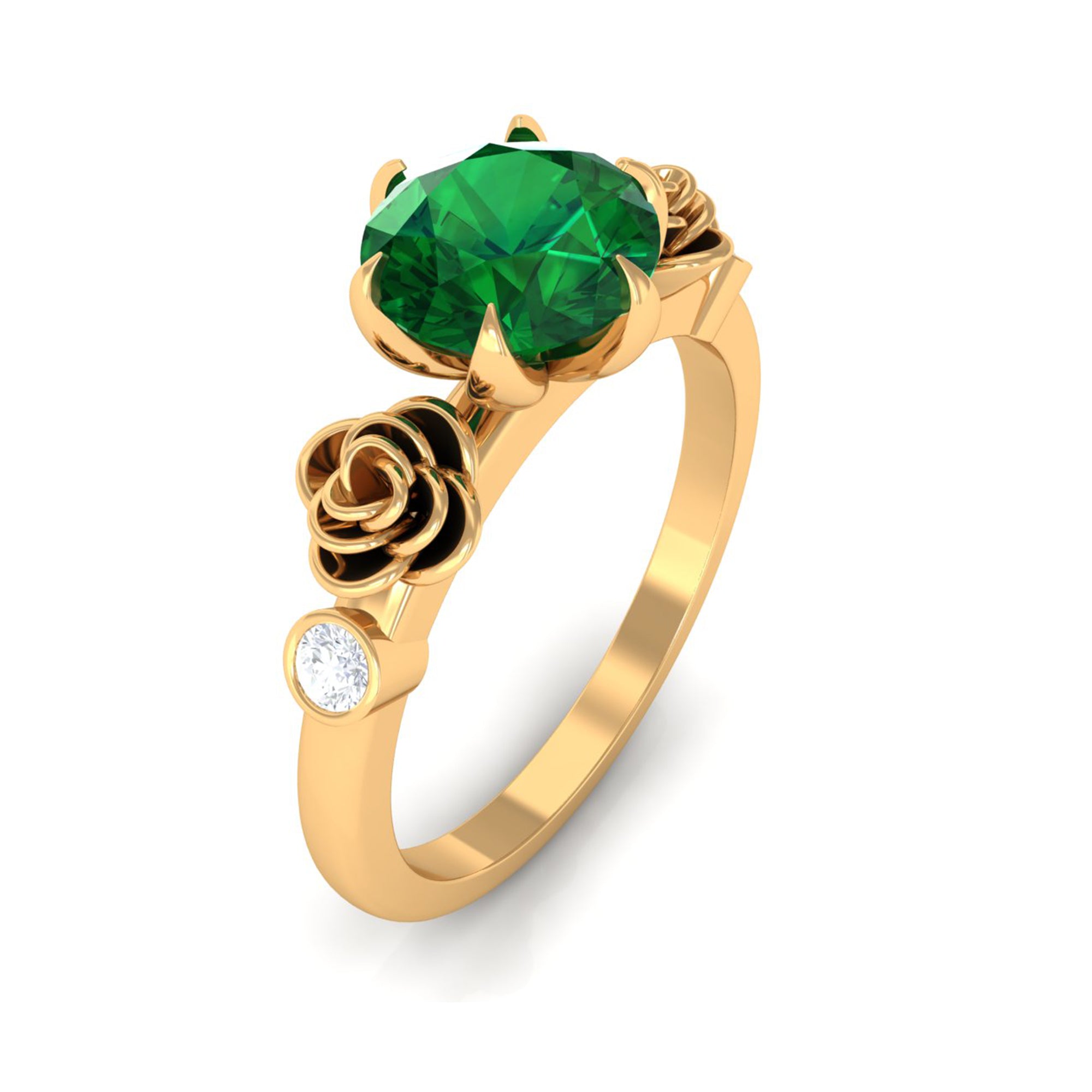 2.5 CT Solitaire Created Emerald Flower Ring with Diamond Lab Created Emerald - ( AAAA ) - Quality - Rosec Jewels