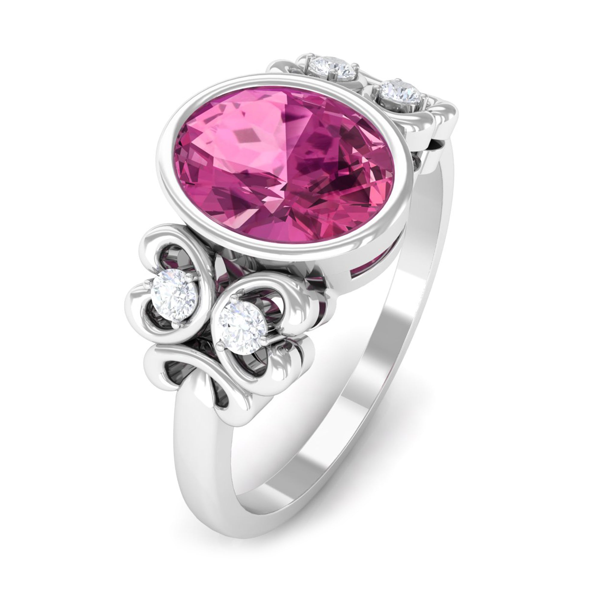 Bezel Set Oval Pink Tourmaline Statement Engagement Ring with Diamond Pink Tourmaline - ( AAA ) - Quality - Rosec Jewels