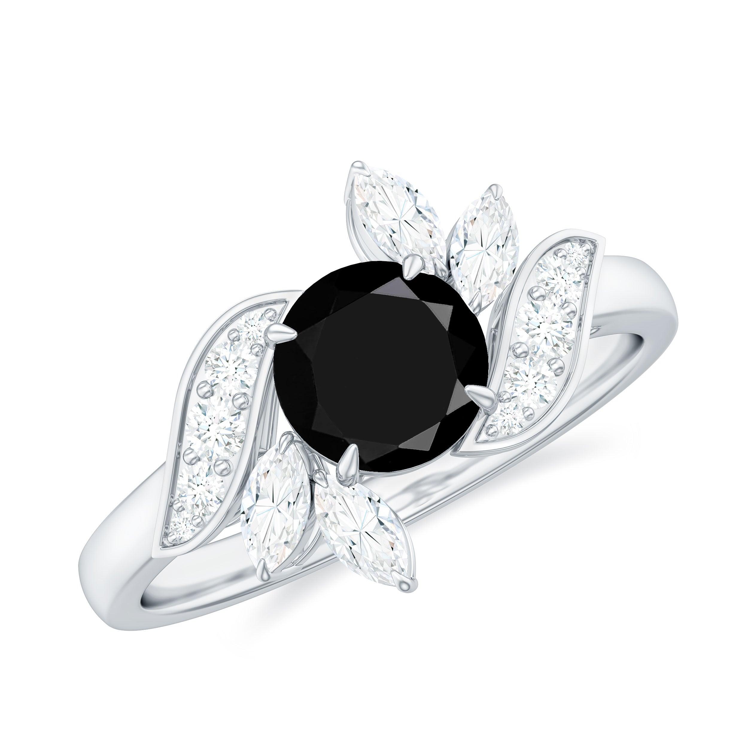 Lab-Created Black Diamond Flower Engagement Ring with Diamond Lab Created Black Diamond - ( AAAA ) - Quality - Rosec Jewels