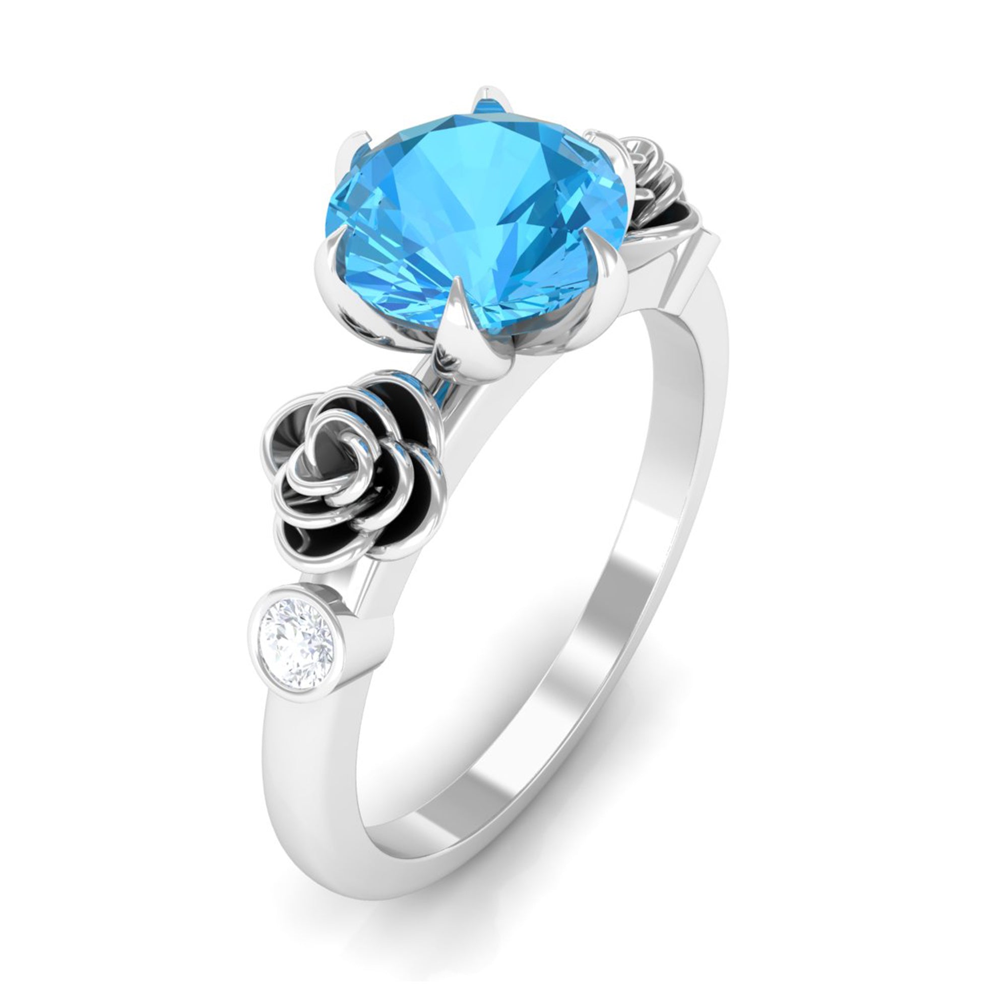 Solitaire Swiss Blue Topaz Flower Ring with Diamond Swiss Blue Topaz - ( AAA ) - Quality - Rosec Jewels