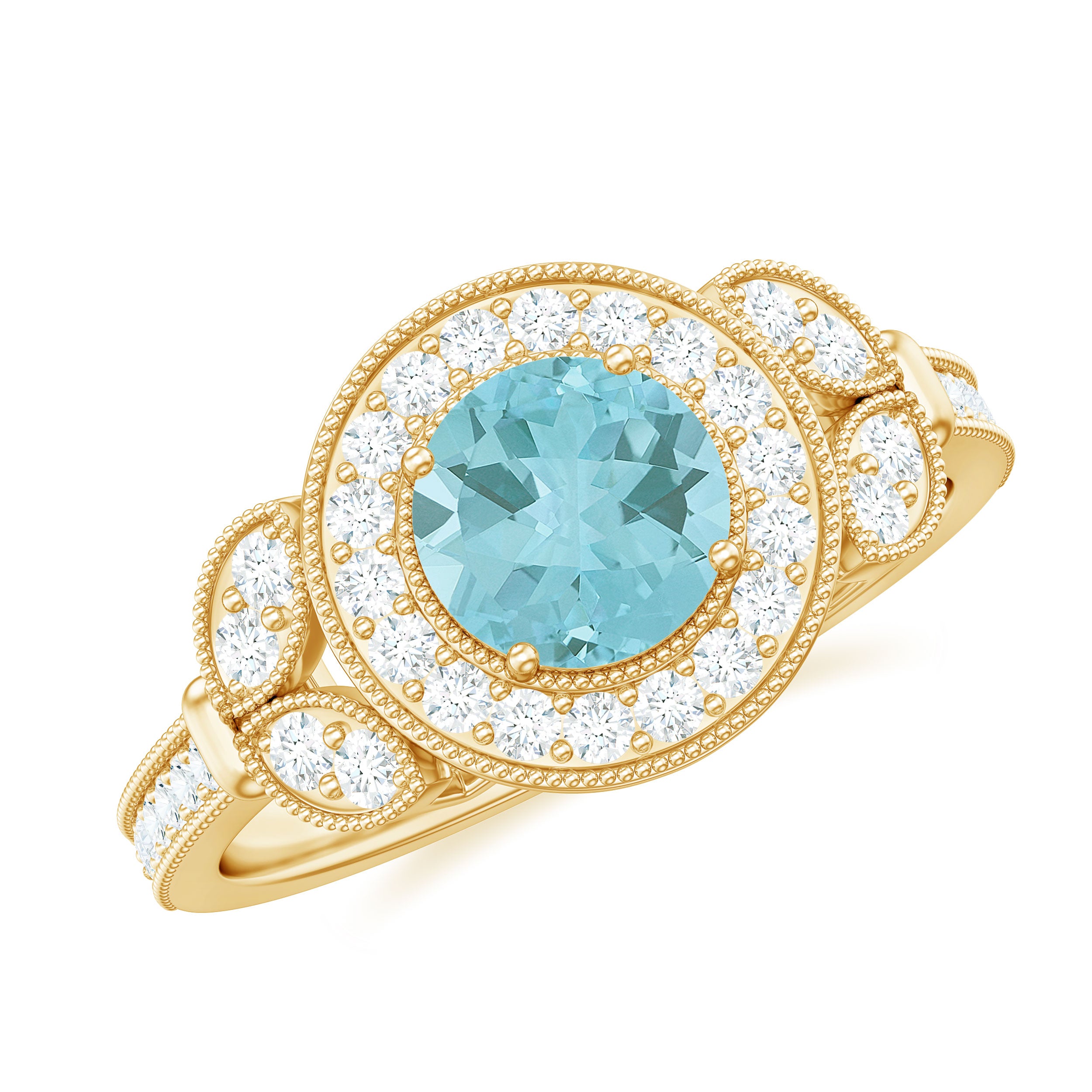 Sky Blue Topaz Vintage Beaded Engagement Ring with Diamond Sky Blue Topaz - ( AAA ) - Quality - Rosec Jewels