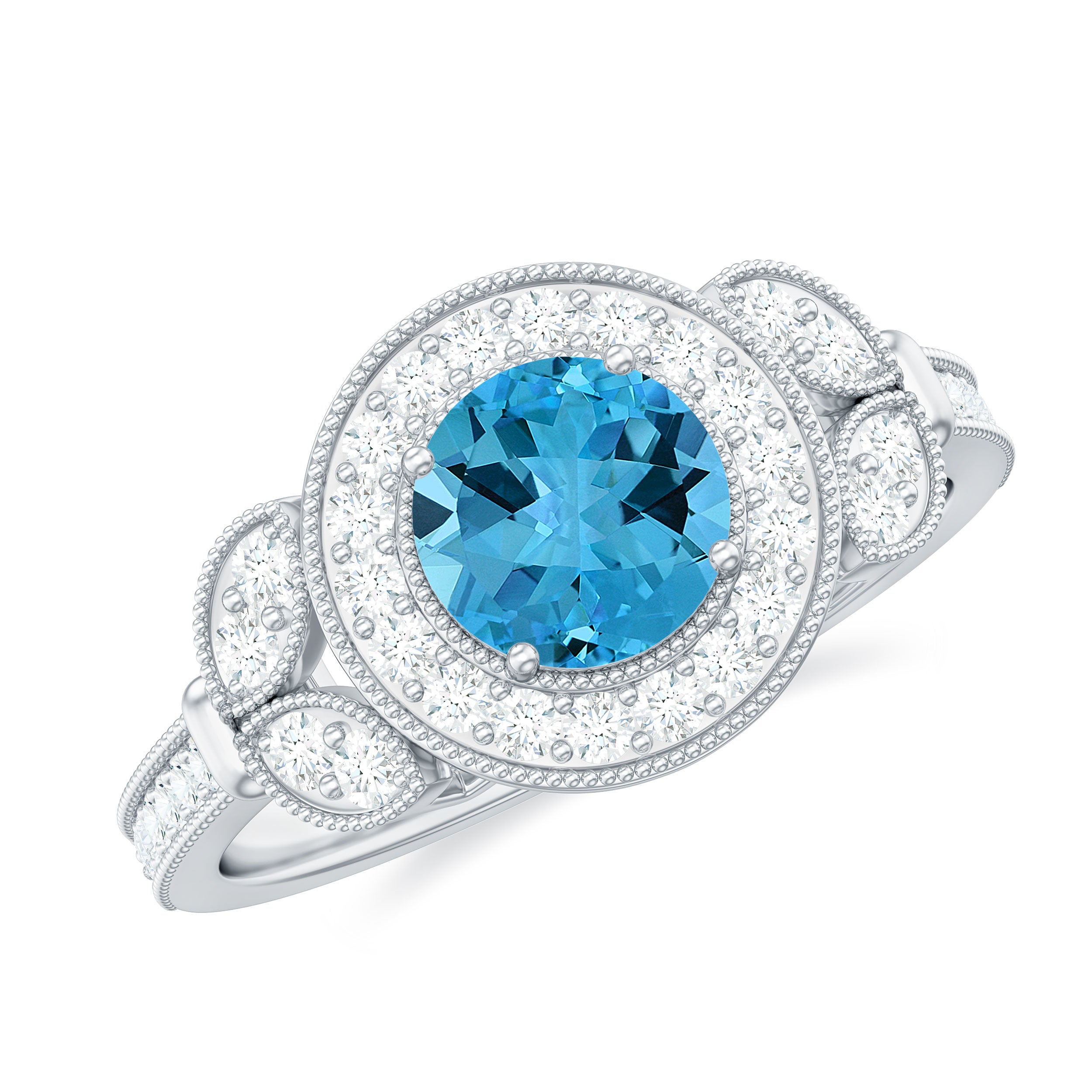 Vintage Inspired Swiss Blue Topaz and Diamond Engagement Ring Swiss Blue Topaz - ( AAA ) - Quality - Rosec Jewels