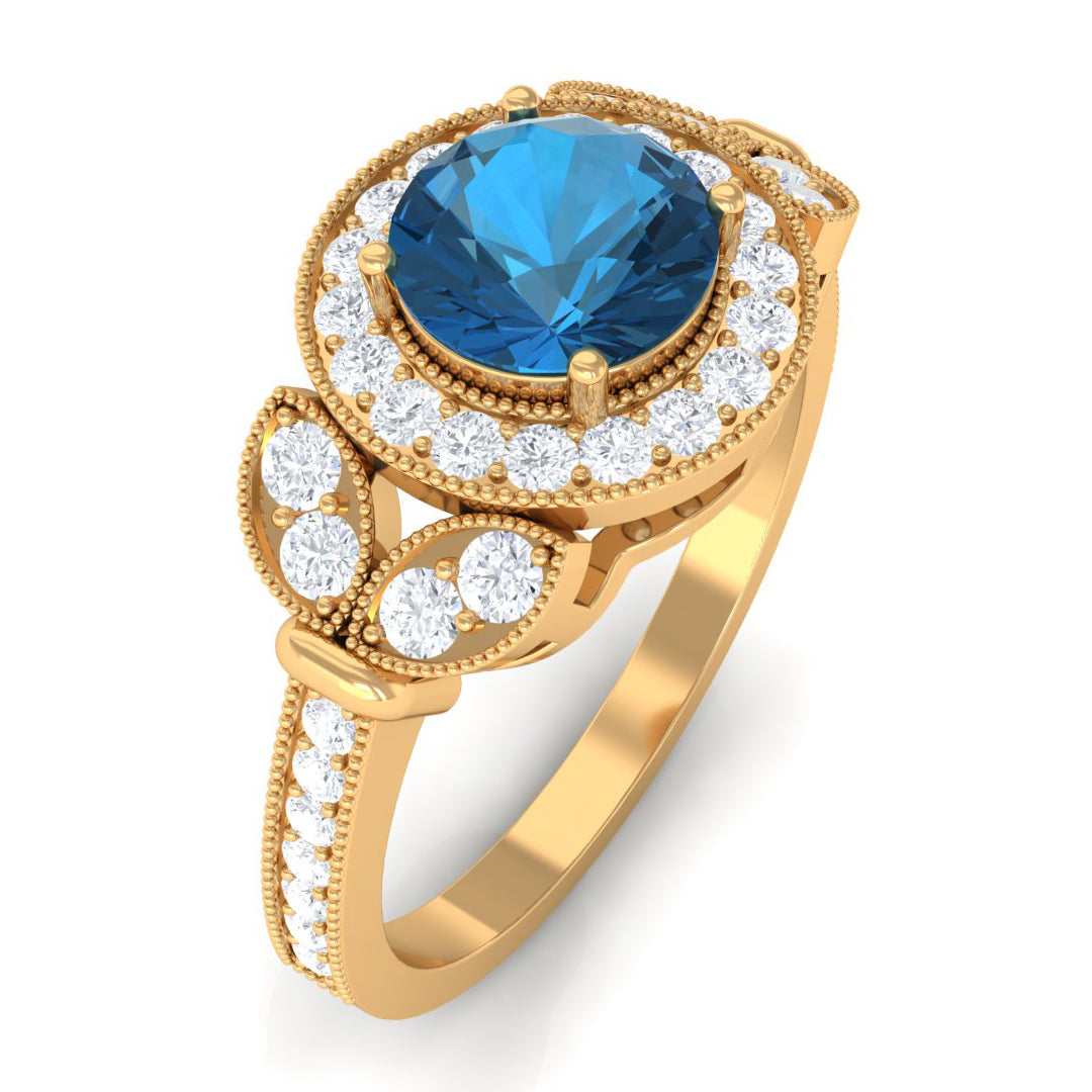 1.50 CT London Blue Topaz Vintage Style Engagement Ring with Diamond London Blue Topaz - ( AAA ) - Quality - Rosec Jewels