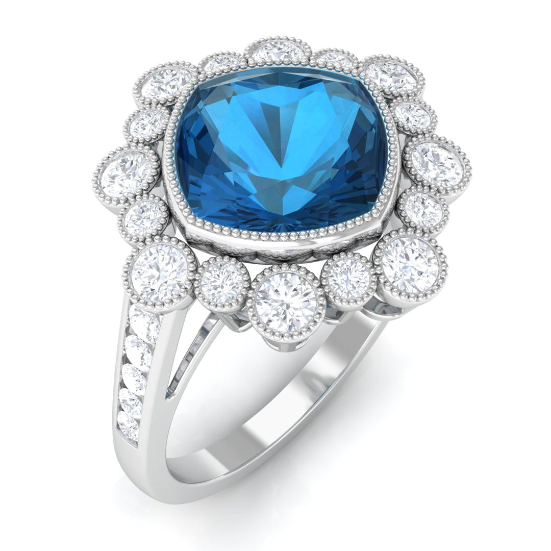 Cushion Cut London Blue Topaz Cocktail Engagement Ring with Diamond Halo London Blue Topaz - ( AAA ) - Quality - Rosec Jewels