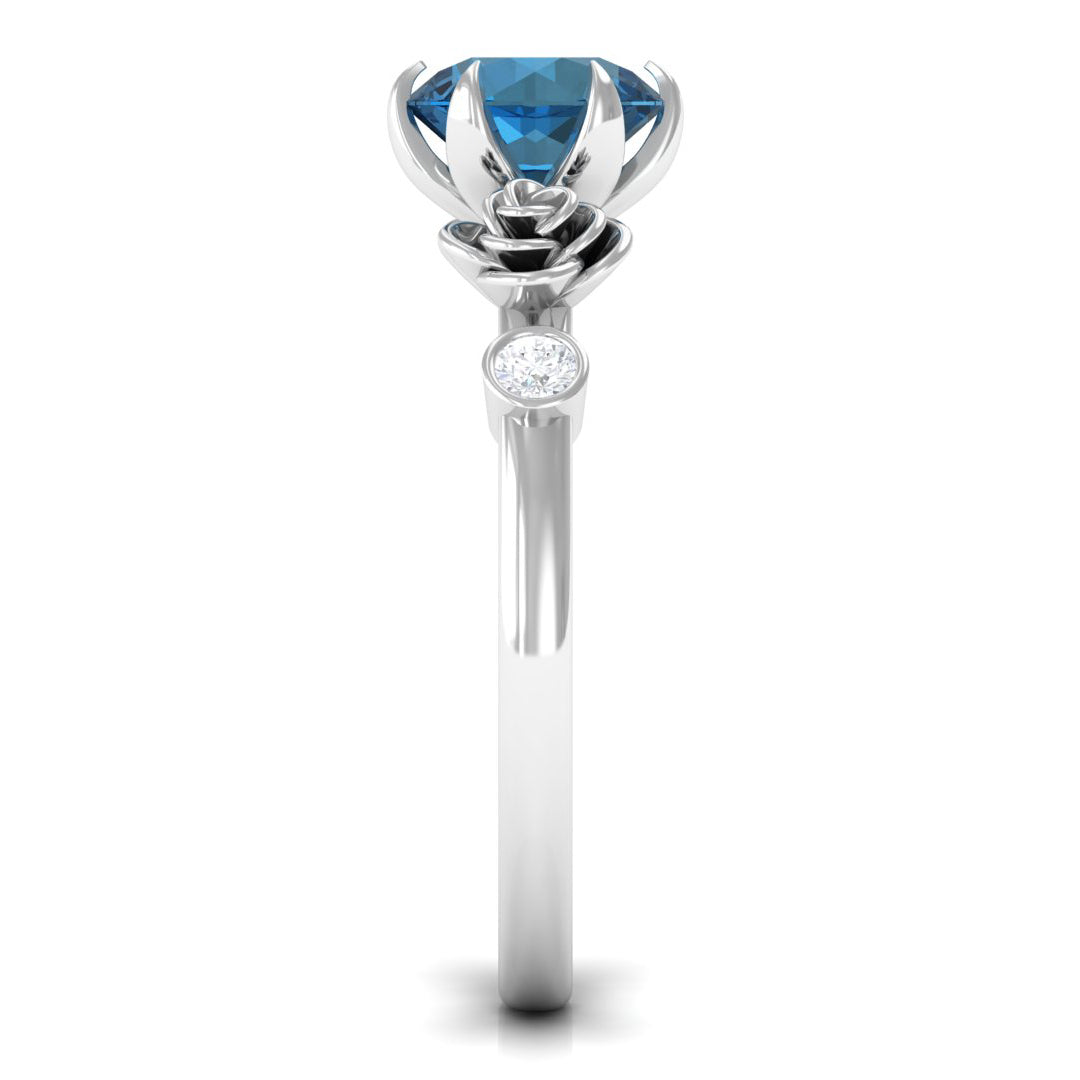 1.5 CT Solitaire London Blue Topaz Flower Ring with Diamond London Blue Topaz - ( AAA ) - Quality - Rosec Jewels