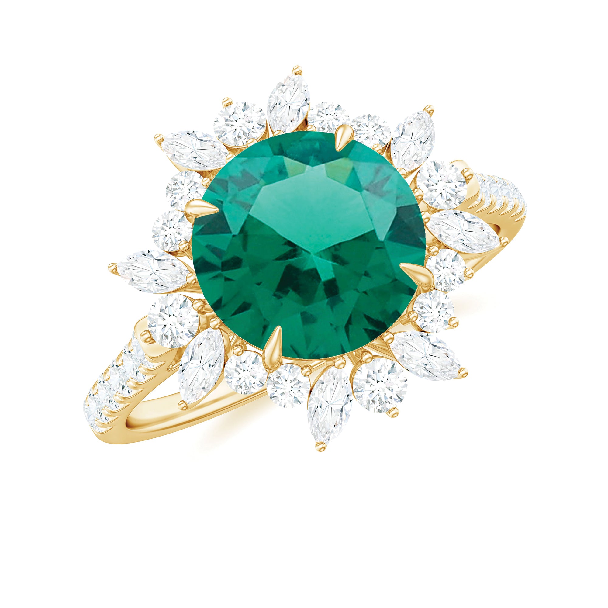 Lab-Created Emerald Cocktail Ring with Moissanite Floral Halo Lab Created Emerald - ( AAAA ) - Quality - Rosec Jewels