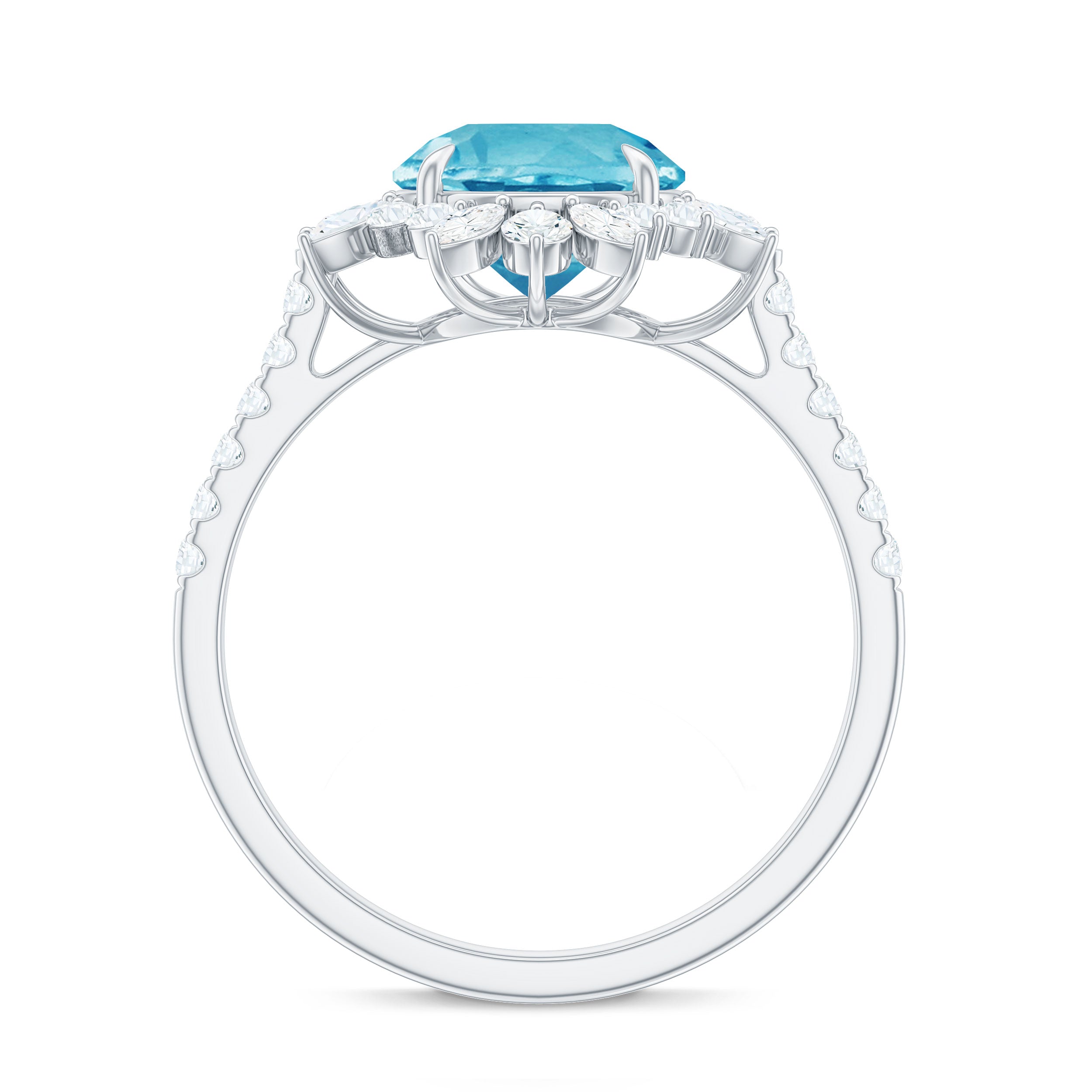 Round Swiss Blue Topaz Statement Ring with Moissanite Floral Halo Swiss Blue Topaz - ( AAA ) - Quality - Rosec Jewels