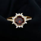 Round Garnet Statement Ring with Diamond Floral Halo Garnet - ( AAA ) - Quality - Rosec Jewels