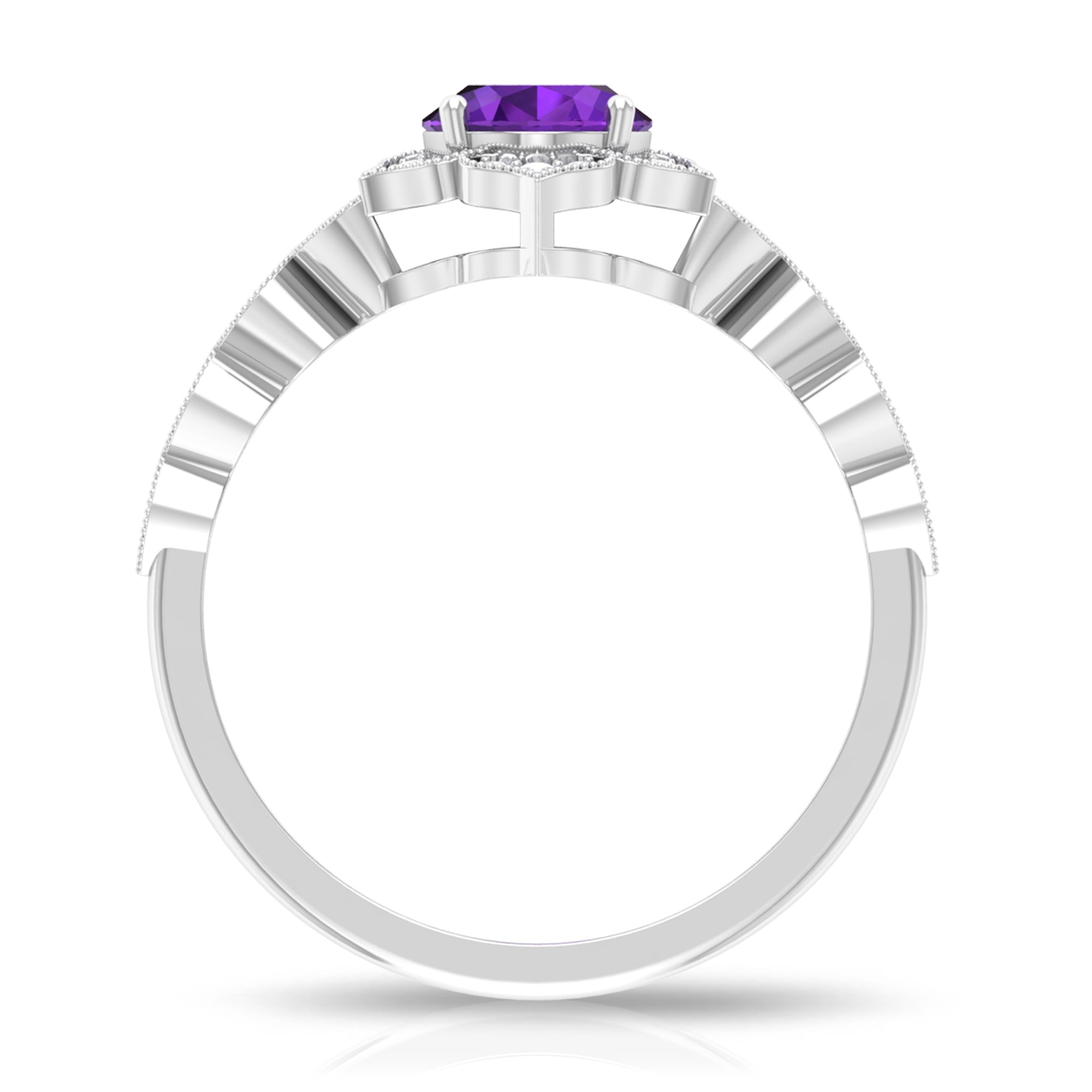 Solitaire Amethyst Engagement Ring with Diamond Accent Amethyst - ( AAA ) - Quality - Rosec Jewels